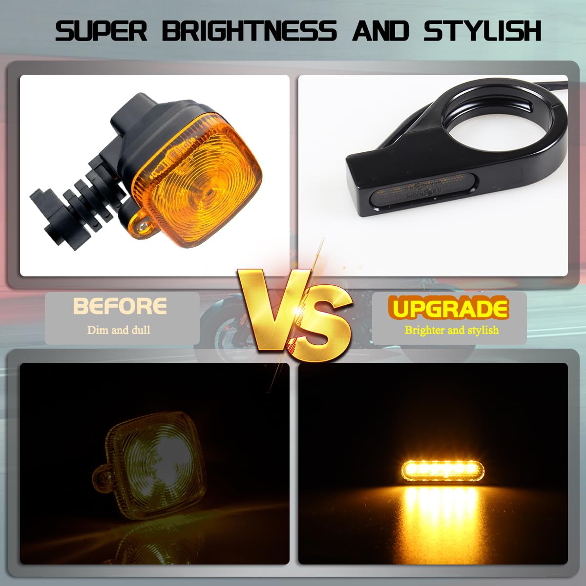 FACAILAHA Motorcycle Front Fork LED Turn Signals Universal Sequential Switchback Running Lights 12V Amber Blinkers W/Mounting Br