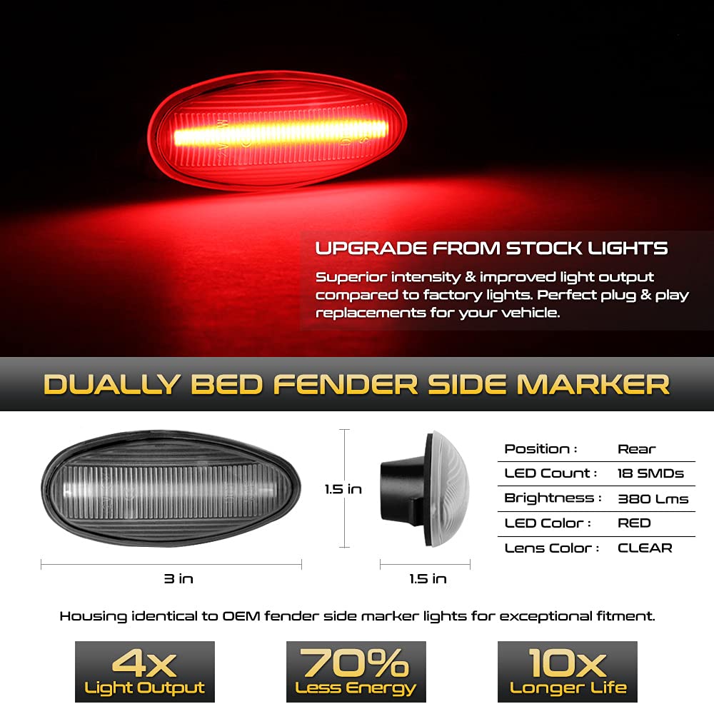 [4-Pieces] For 2001-2014 Chevy Silverado Gmc Sierra 3500Hd Dually Pickup Red + Amber Led Strip Rear Fender Light Side Marker Lam