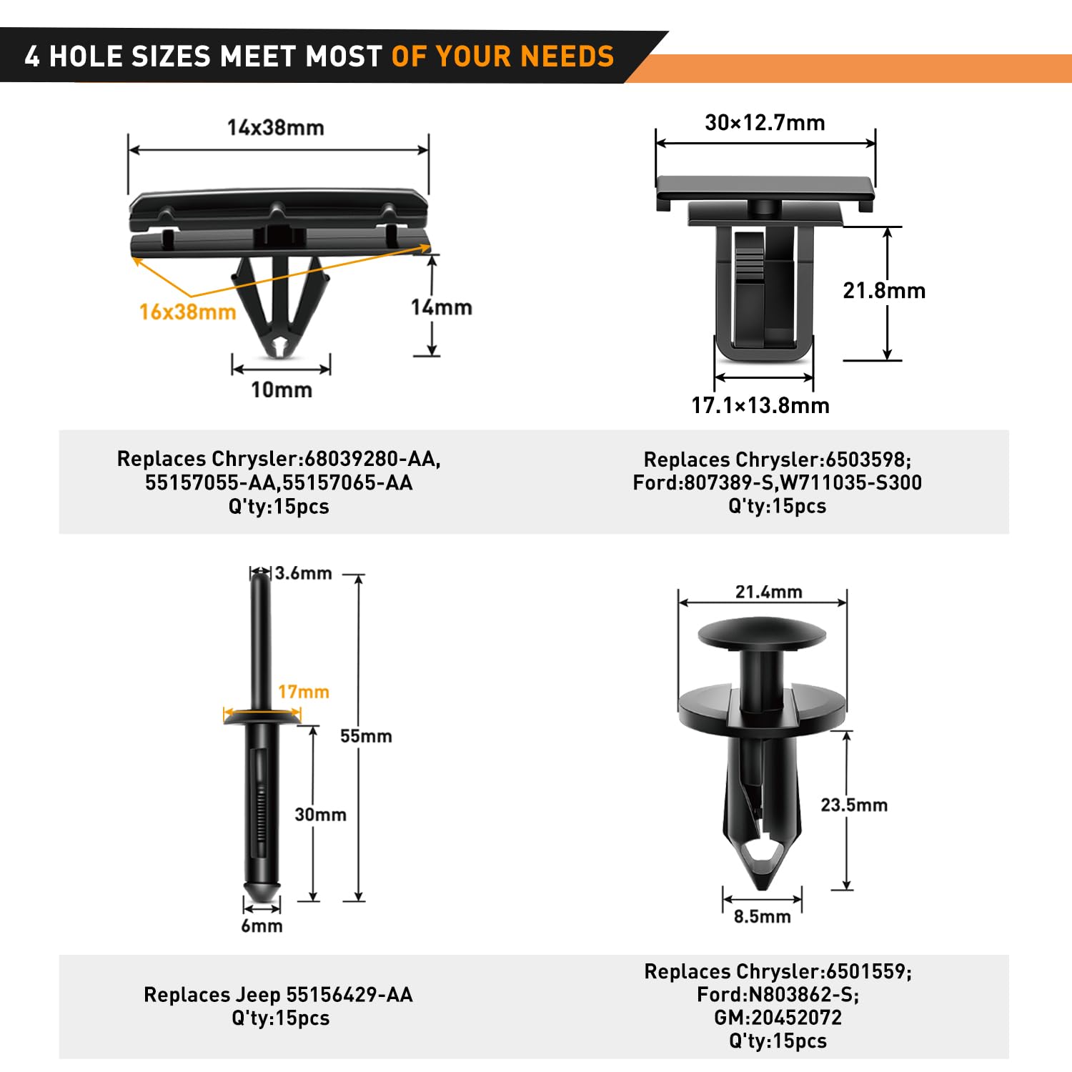 GOOACC 60PCS Fender Flare Rocker Moulding Clip Assortment 68039280-AA, 55156429-AA, 6503598,6501559 Replacement for Jeep Wrangle