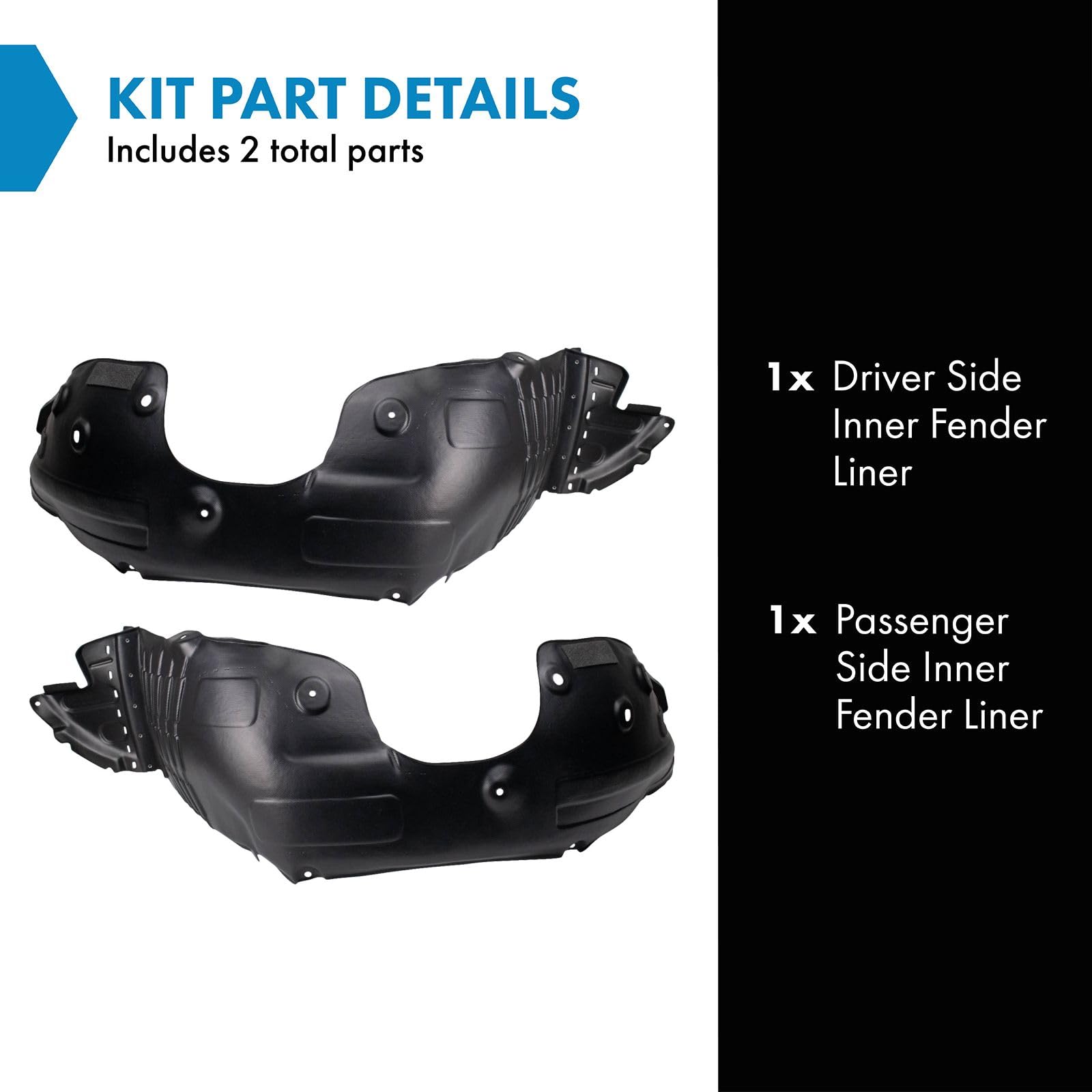 TRQ Inner Fender Liner Set for 2013-2016 Hyundai Santa Fe Sport, Metal, Black, Model BDA12540