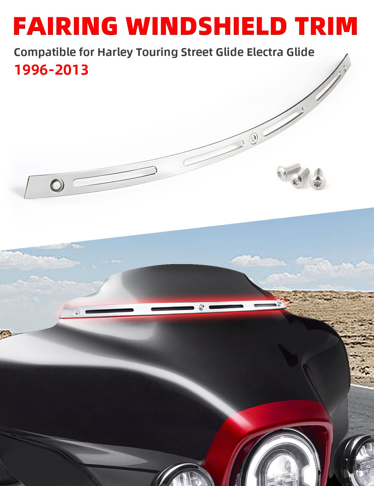Amazicha Slotted Windshield Trim Polished Windscreen Trim 96-13 Compatible For Harley Davidson Touring Street Glide Electra Glid