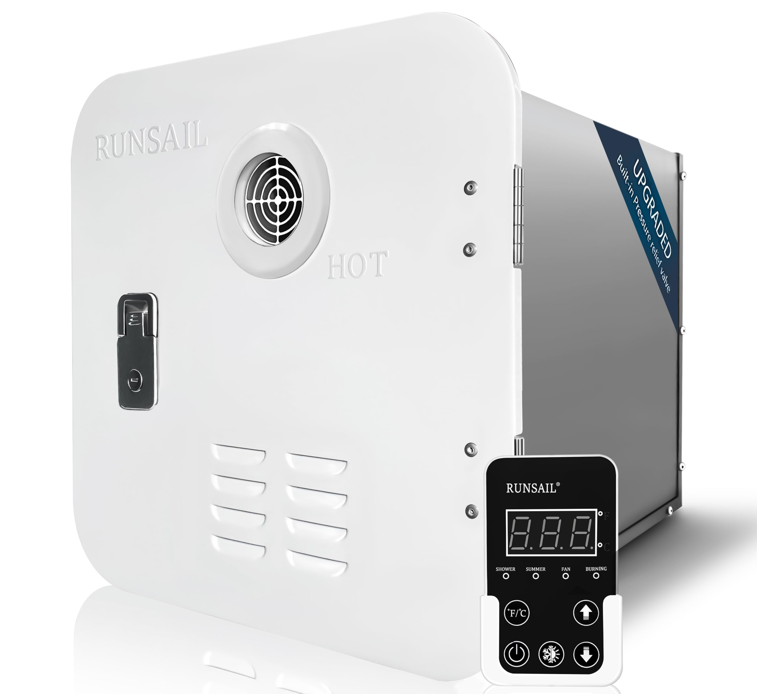 RUNSAIL [Upgraded Version] RV Tankless Water Heater, 65,000 BTU,Max 3.96 GPM, 15 x 15 Inches White Door, Build-in Pressure Relie