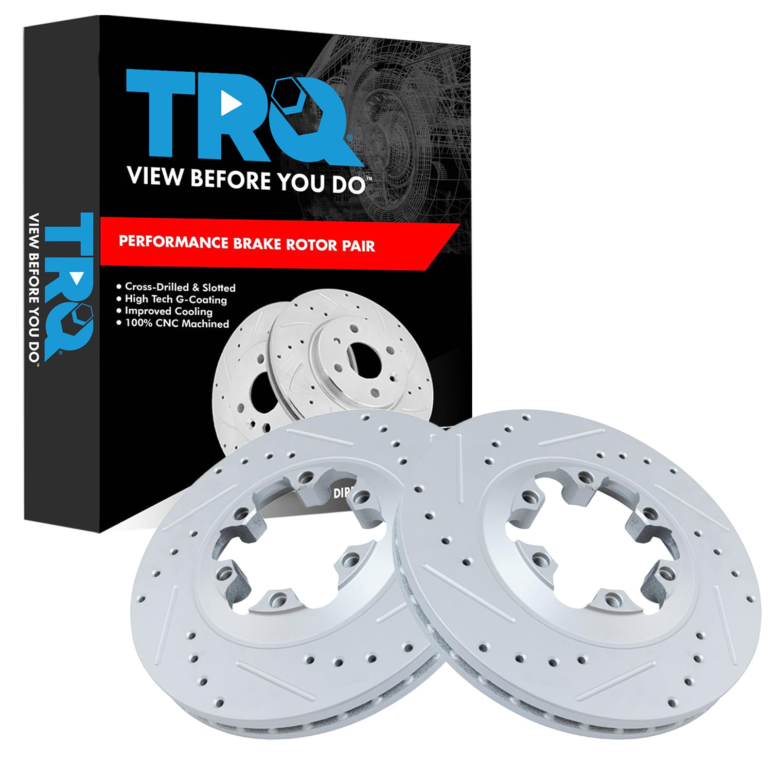 Trq Front Performance Brake Rotors Set Premium G-Coated Cross Drilled & Slotted Compatible With 2004-2008 Chevrolet Colorado Gmc