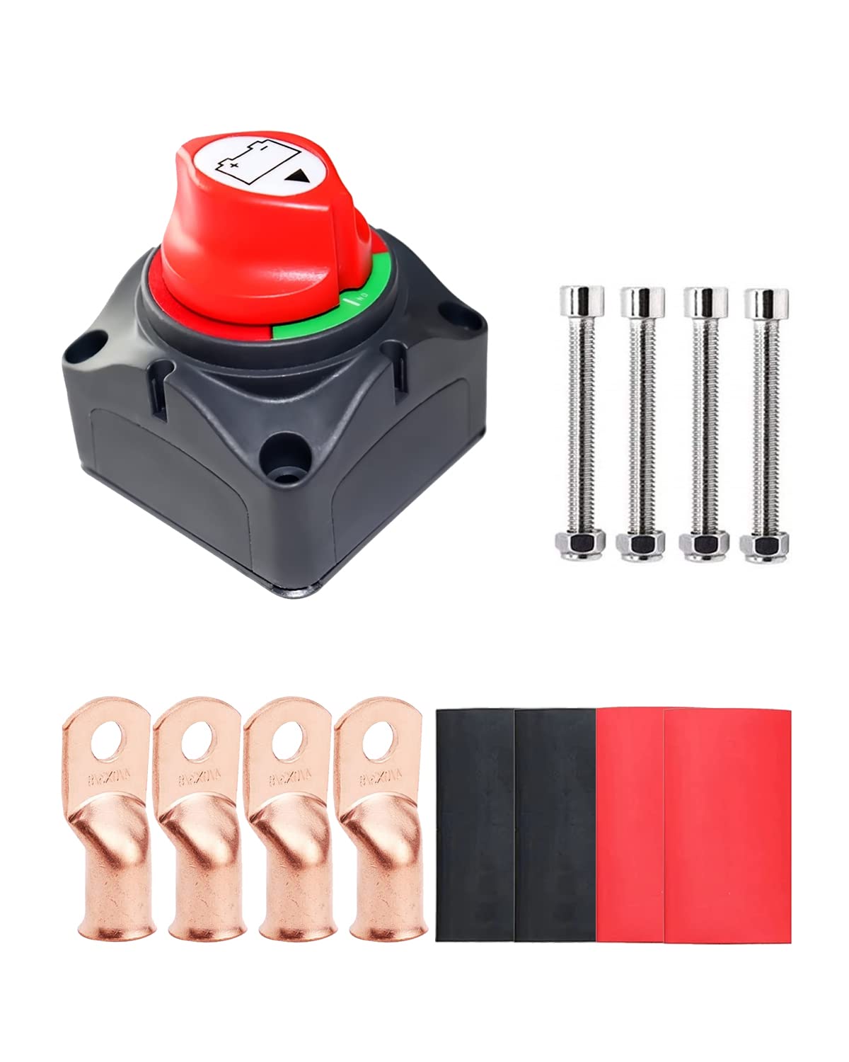 Gioyonil Battery Switch Disconnect, 12V-48V Power Shut Off Master Isolator Kill Switch With 4Awg-3/8 Ring Terminals Heat Shrink