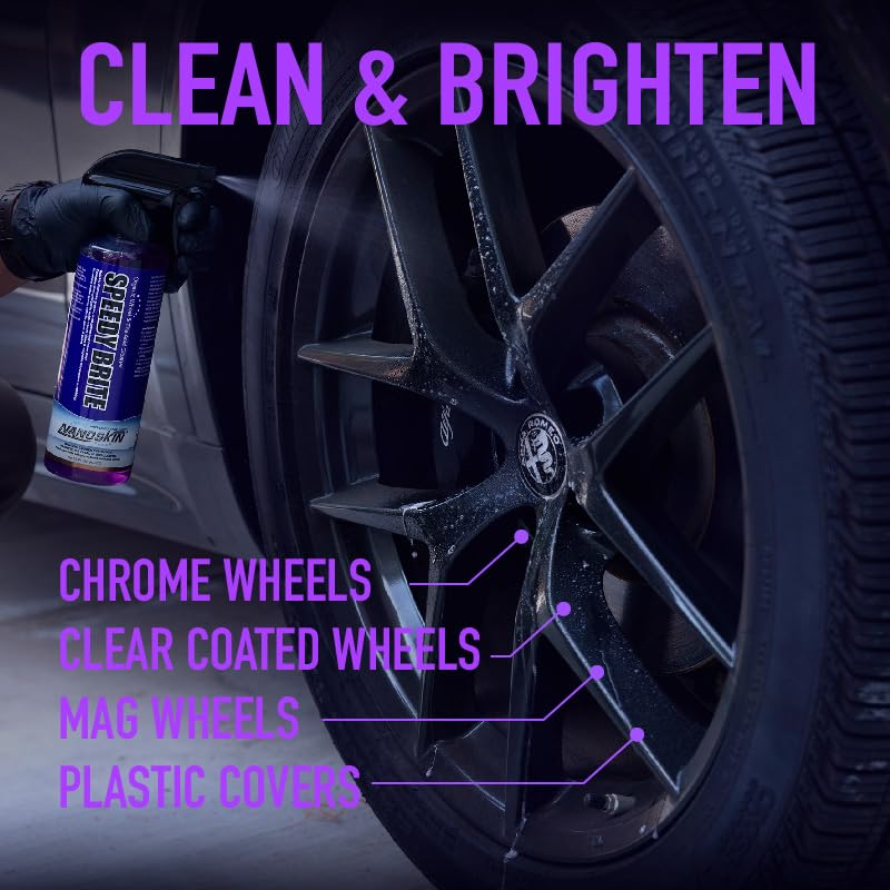 Nanoskin SPEEDY BRITE Wheel & Tire Cleaner Spray - 16 Oz, Purple, RTU for Effective Car Detailing, Works with Wheel & Tire Brushes