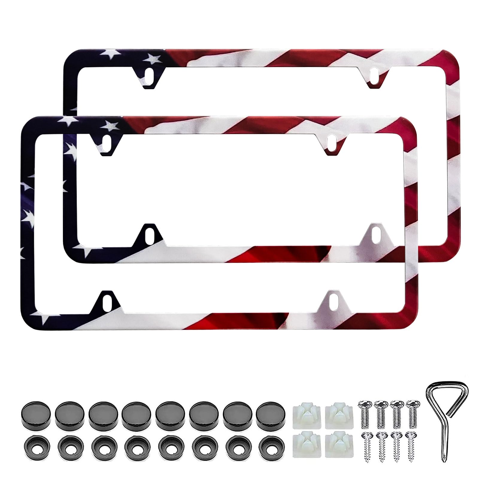 LIN KANG American Flag License Plate Frame Holder - 2 Pack Patriotic Universal Aluminum Matte Stripe US Flag Gloss Car Plate Fra