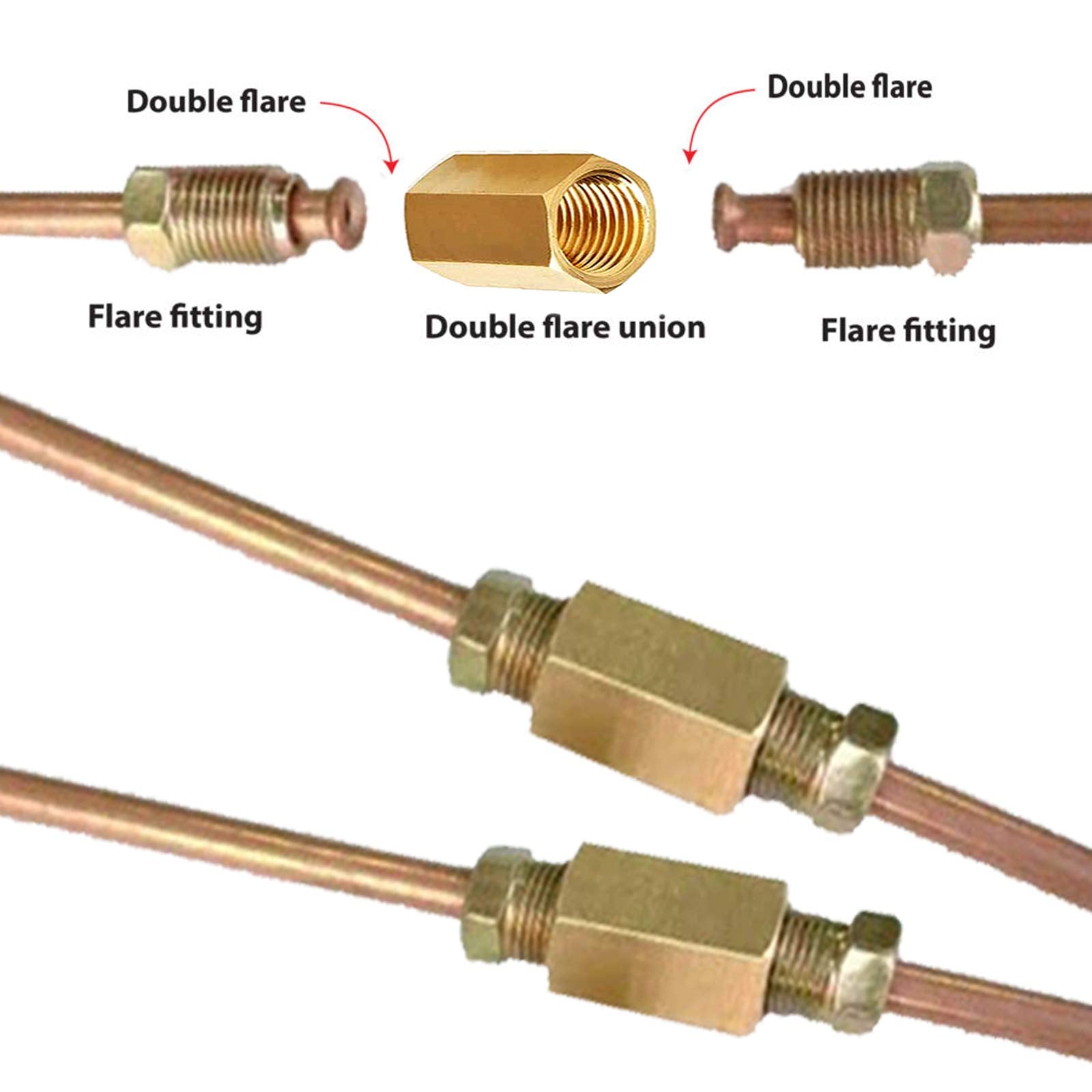 MuHize Brake Line Unions, 10 PCS Brass Inverted Flare Brake Line Unions (3/8'' 24 Threads) Assortment for 3/16'' Tube Fittings