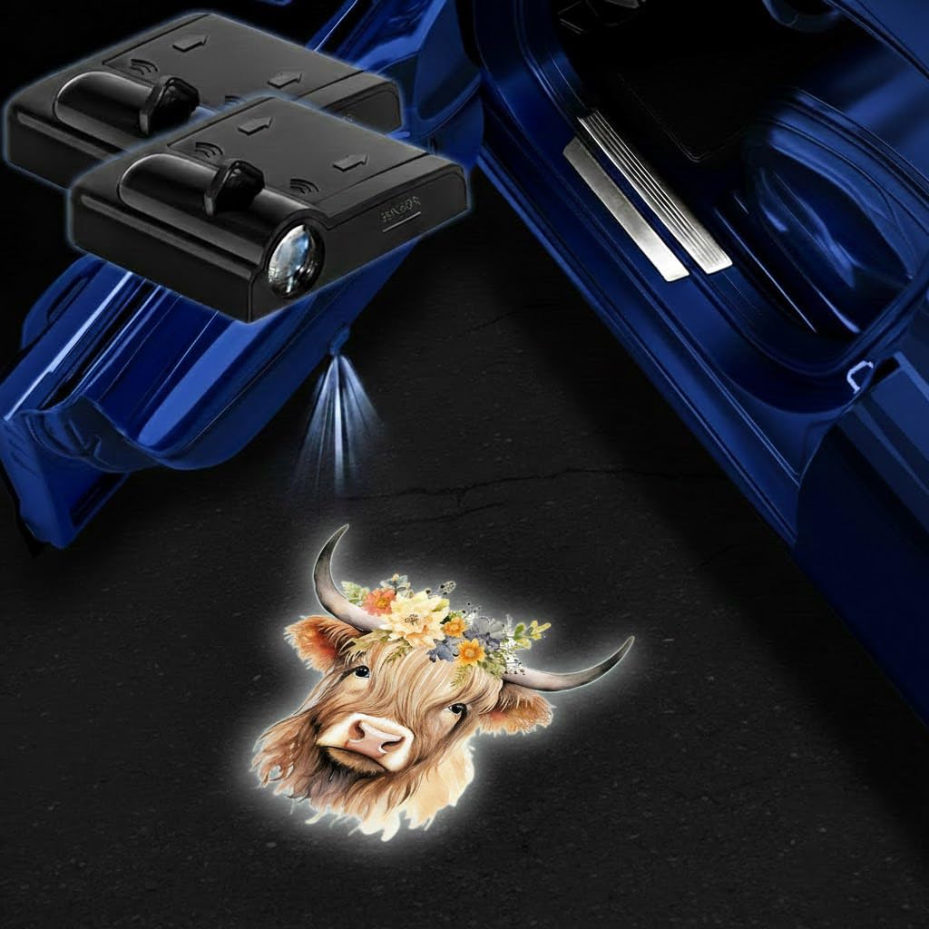 2PCS Highland Cow Car Door Lights Projector,Wireless LED Welcome Puddle Lights,Magnetic Logo Projector Door Light Decor Car Acce