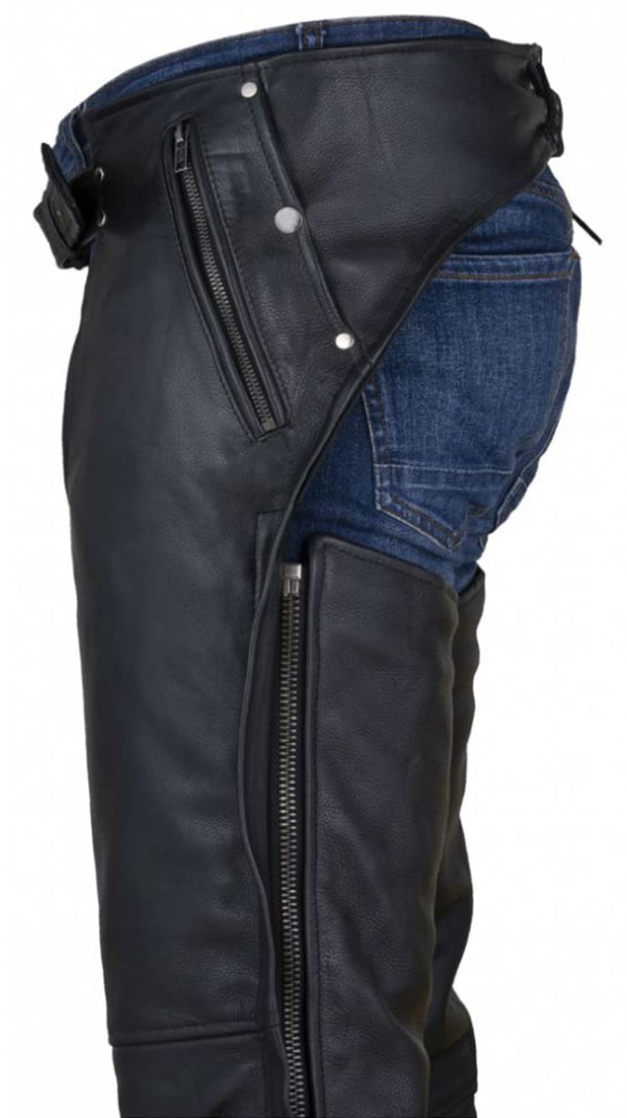 Black Motorcycle Leather Chaps For Men Women Riding With Zip Out Liner, Cowboy Biker Chap Pants With Four Deep Pockets, 4Xl