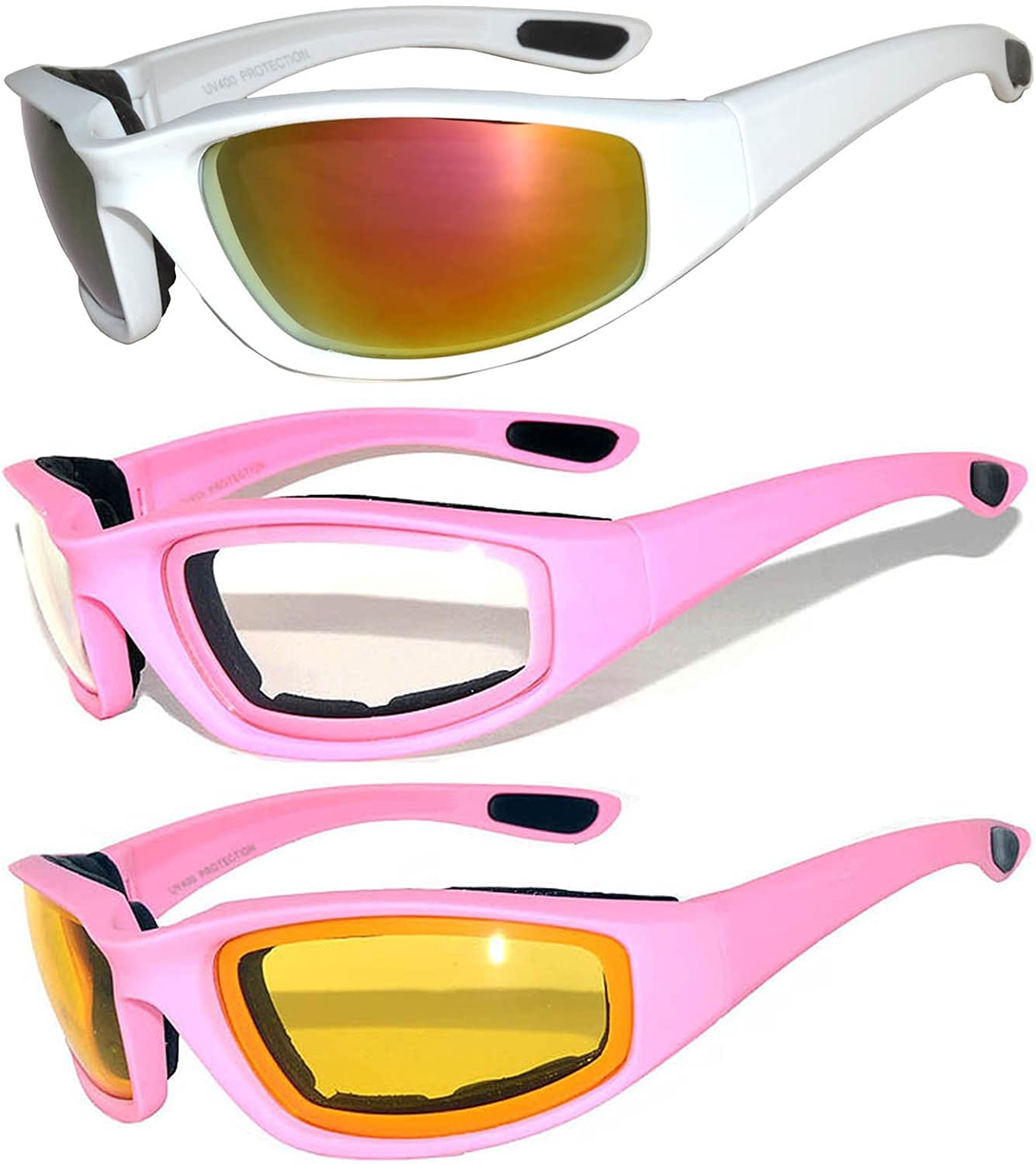 Owl 3 Pairs Womens Pink Padded Foam Motorcycle Biker Glasses Goggles 99% Uv Protection Sunglasses