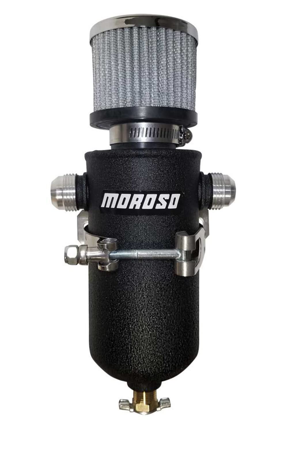 Moroso 85753 Black Powder Coated Aluminum Breather Tank Catch Can, 1 Qt, Dual 12AN Male Fittings