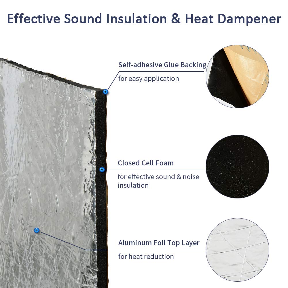 Abahub 394 Mil 107 Sqft Car Hood Insulation Pad Auto Door Dampener Sound Deadener Deadening Mat Heat / Cool Liner, Self-Adhesive