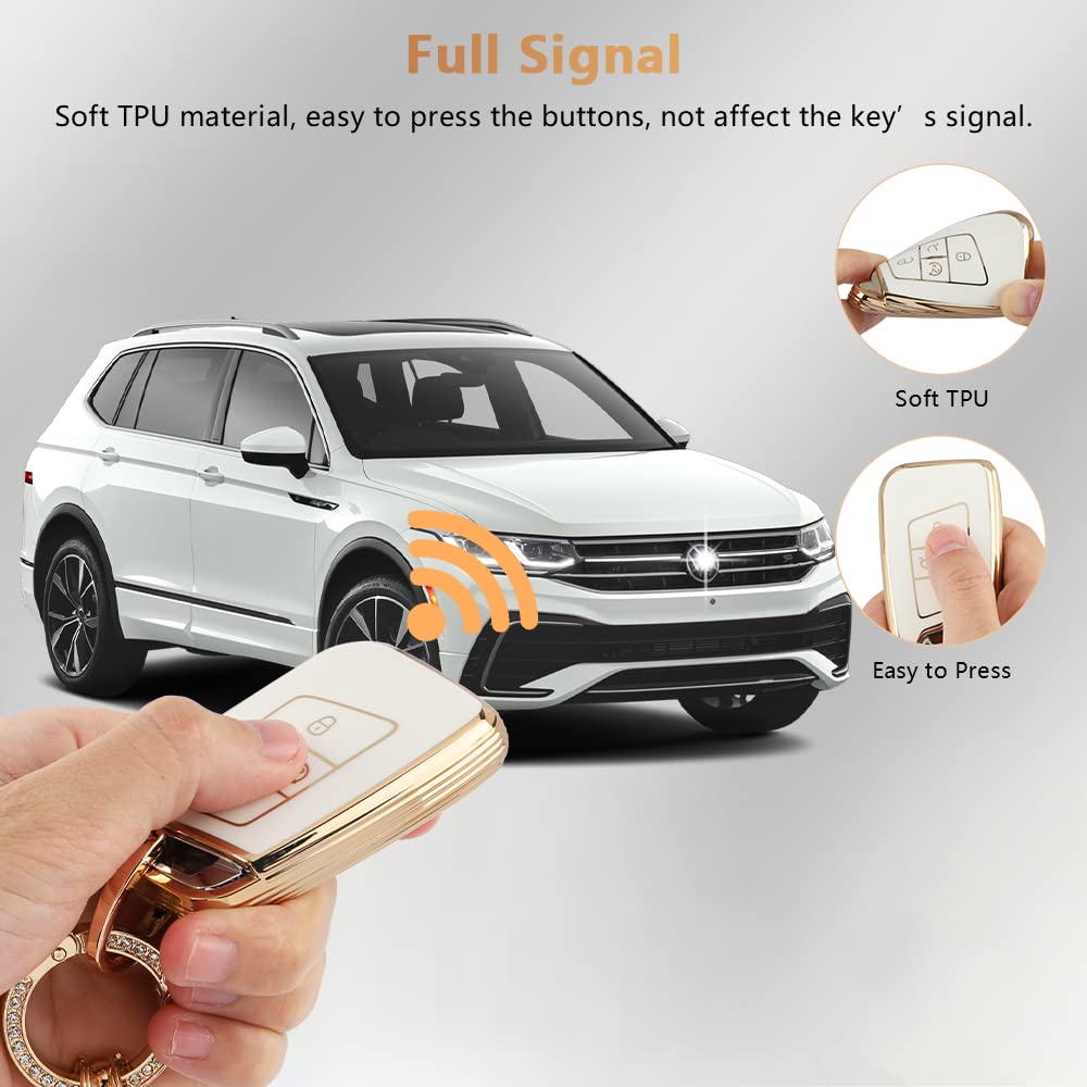 Pifoog Key Fob Cover For Vw Volkswagen White Gold Bling Keychain Tiguan Atlas Jetta Taos Arteon Car Accessories Cute Tpu Smart K