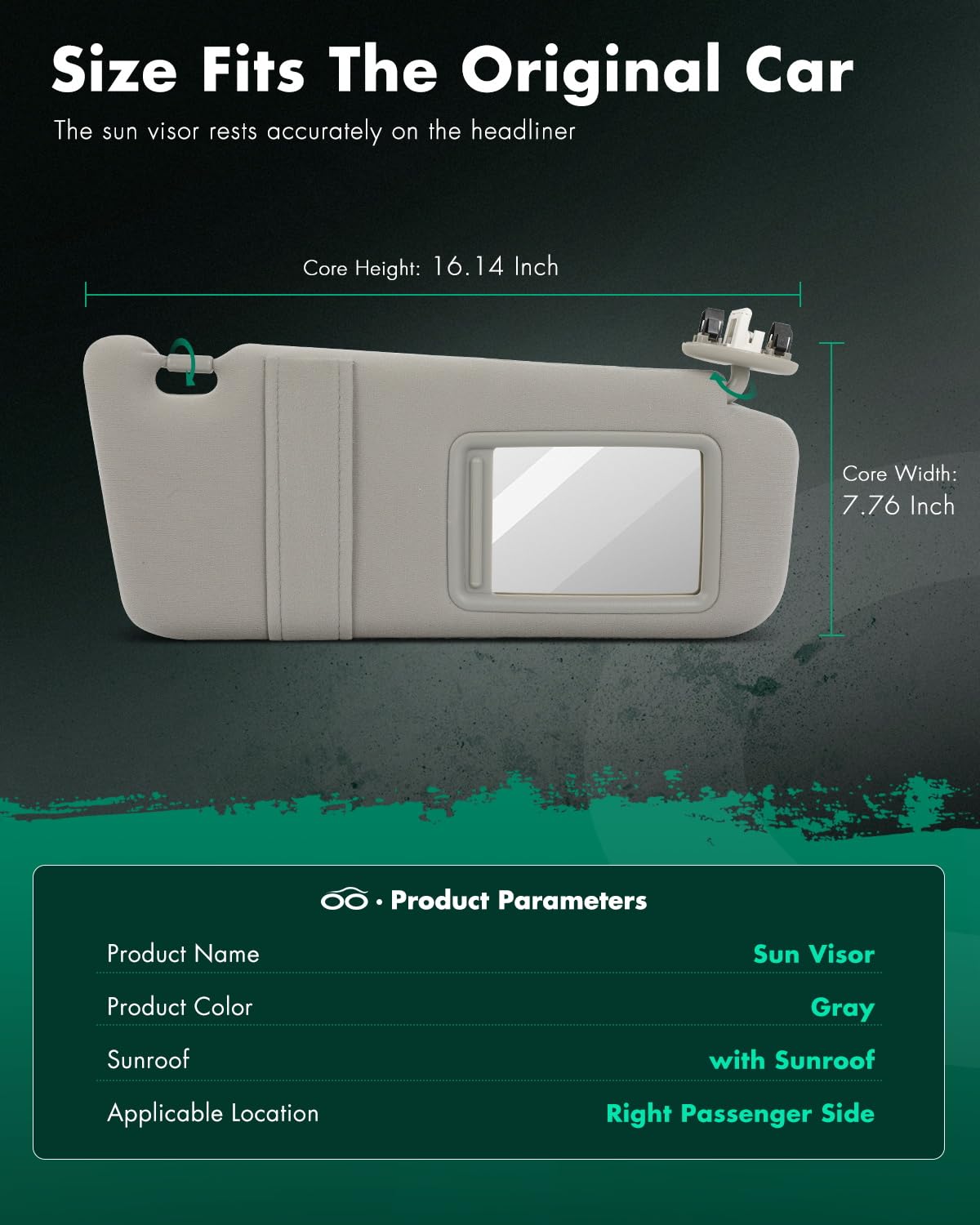 Scitoo Gray Right Passenger Side Interior Sun Visor Fit For Toyota Camry 2006-2011 With Sunroof (Oe:74310-06770-B0,04002-30306-B