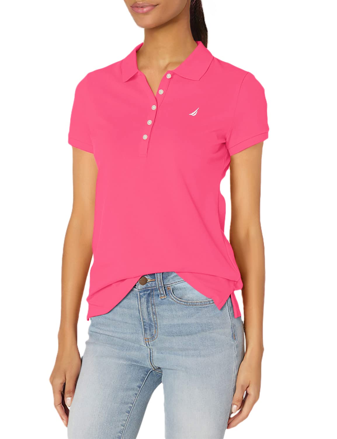 Nautica Womens 5-Button Short Sleeve Breathable 100 Cotton Polo Shirt, Leis Pink, Small