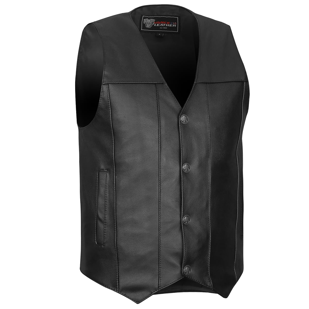 Mens Leather Motorcycle Vest with CCW Pocket, Black Premium Leather Vest for All-Weather Motorbike Riding (5X-Large, Plain Side)