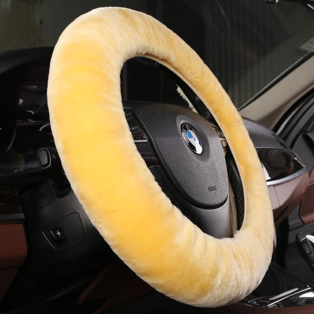 Plush Fuzzy Fluffy Wool Sheepskin Car Steering Wheel Cover For Girls Women Cozy Universal Soft Car Auto 14 1/2-15 1/2Inchs (Gold