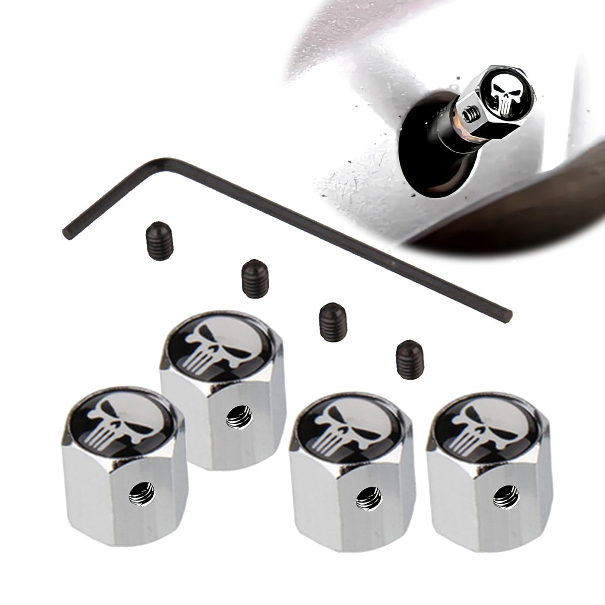 Zkfar Pack-4 Skull Car Wheel Tire Valve Stem Caps, Anti-Theft Tire Air Valve Caps, Airtight Dust Proof Covers (Silver)