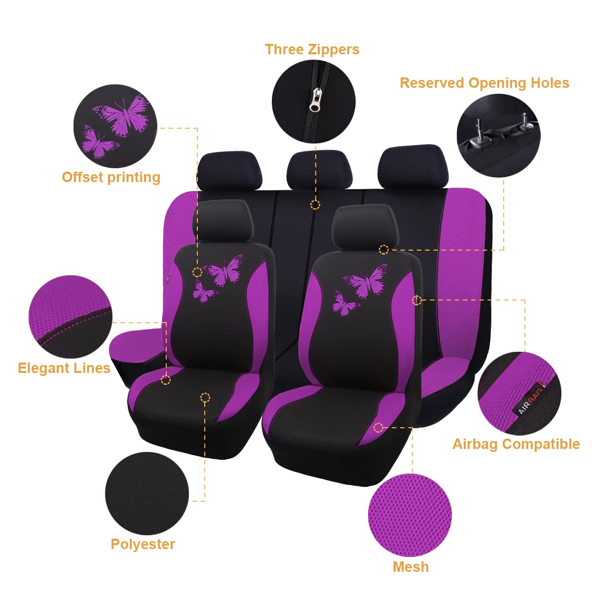 Flying Banner Butterfly Car Seat Covers Ful Set Fashion Universal Lady Woman Female Rear Bench Split Colorized (Full Set, Purple