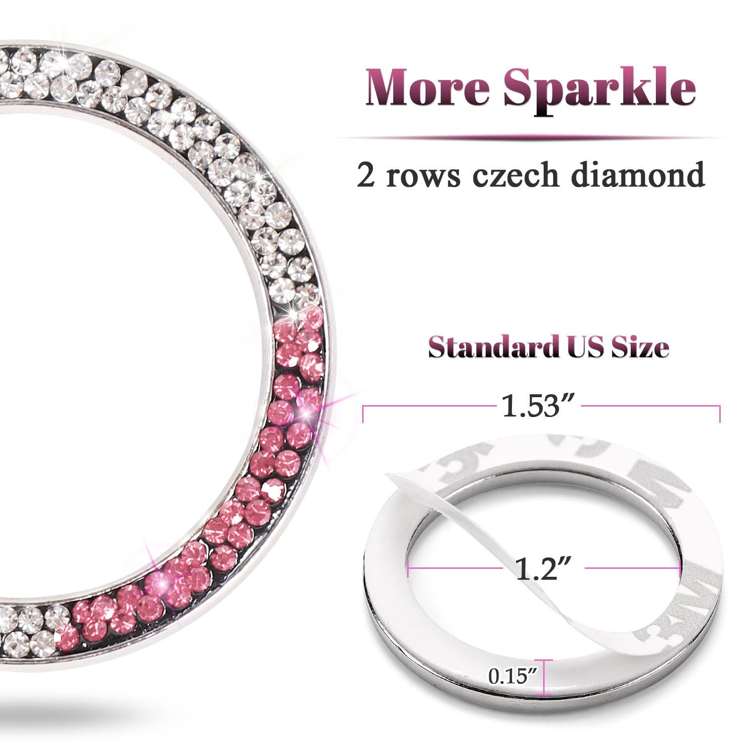 Tobequeen White Pink Bling Push Start Button Cover Emblem Sticker, Crystal Diamond Rhinestone Push Start Ring Car Decor, Pink An