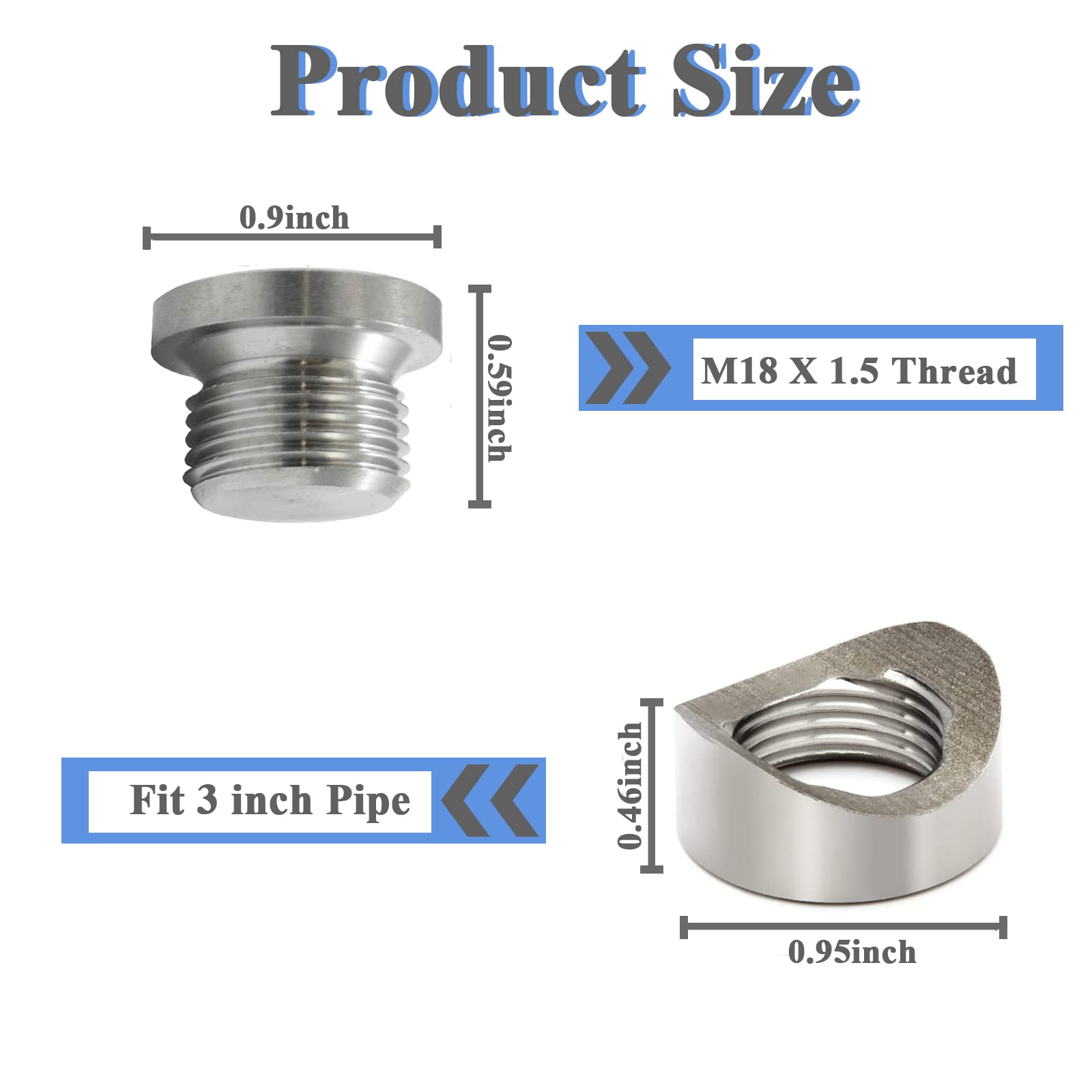 Little Bamboo Stainless Steel Oxygen Sensor Mounts and Plugs - M18 X 1.5 Thread Notched Style Fitting Bungs for 3 inch Pipe - 6