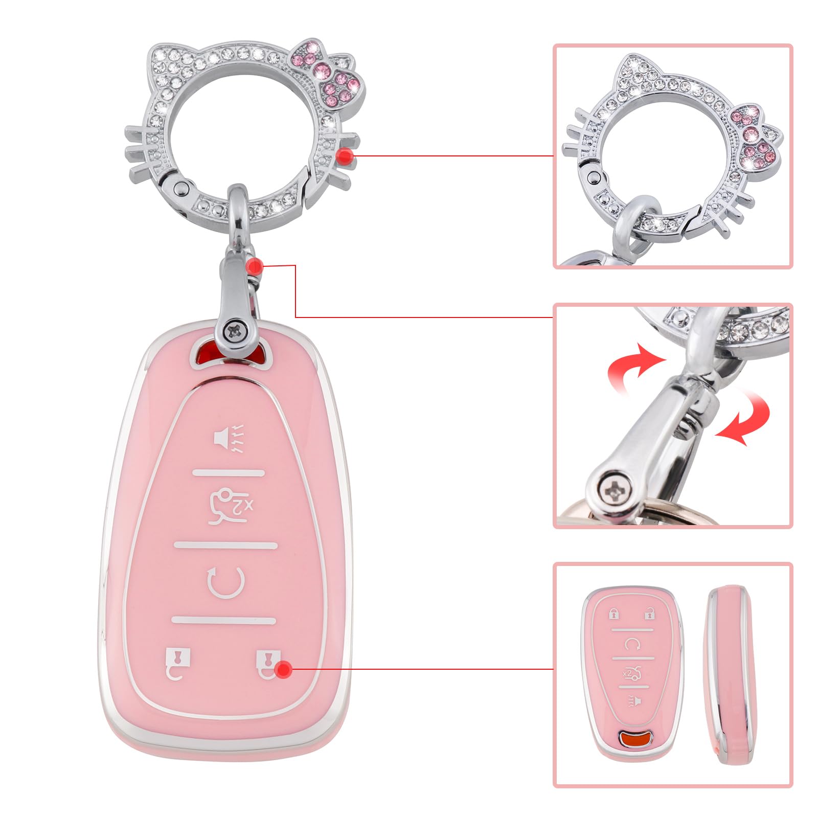 Pangpai Pink Key Fob Cover for Chevy, Soft TPU Key Case Protection with Bling Keychain Fit for Chevrolet Equinox Malibu Camaro T