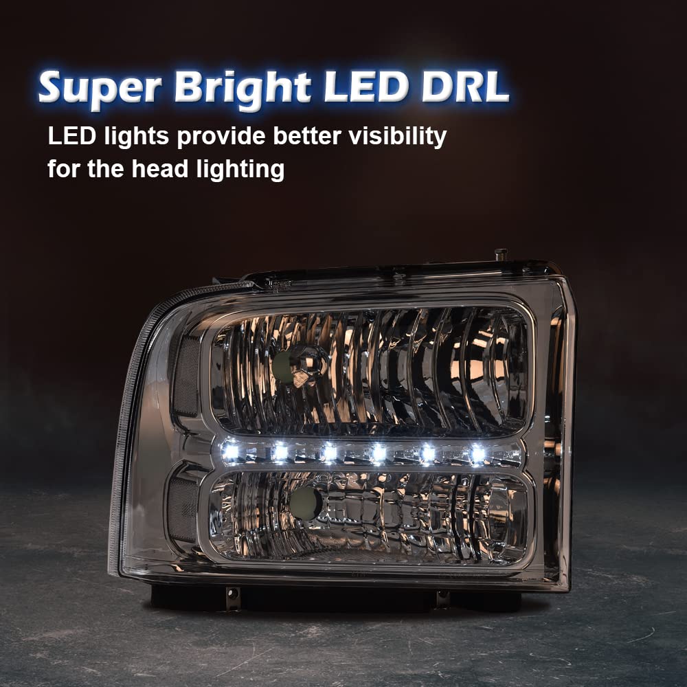 CHEDA LED DRL Headlights Assembly for 2005-2007 Ford Super Duty F250 F350 F450 F550 - Clear Lens Chrome Housing Reflector