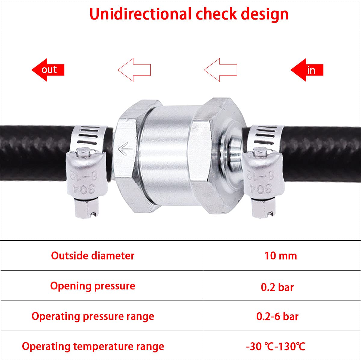 Mxuteuk 2Pcs 3/8' 10Mm Aluminium Silver Non Return One Way Check Valve With 4Pcs 6-12Mm Universal Adjustable Hose Clamps For Fuel Petrol Diesel Line Oil M-H-032-10Mm