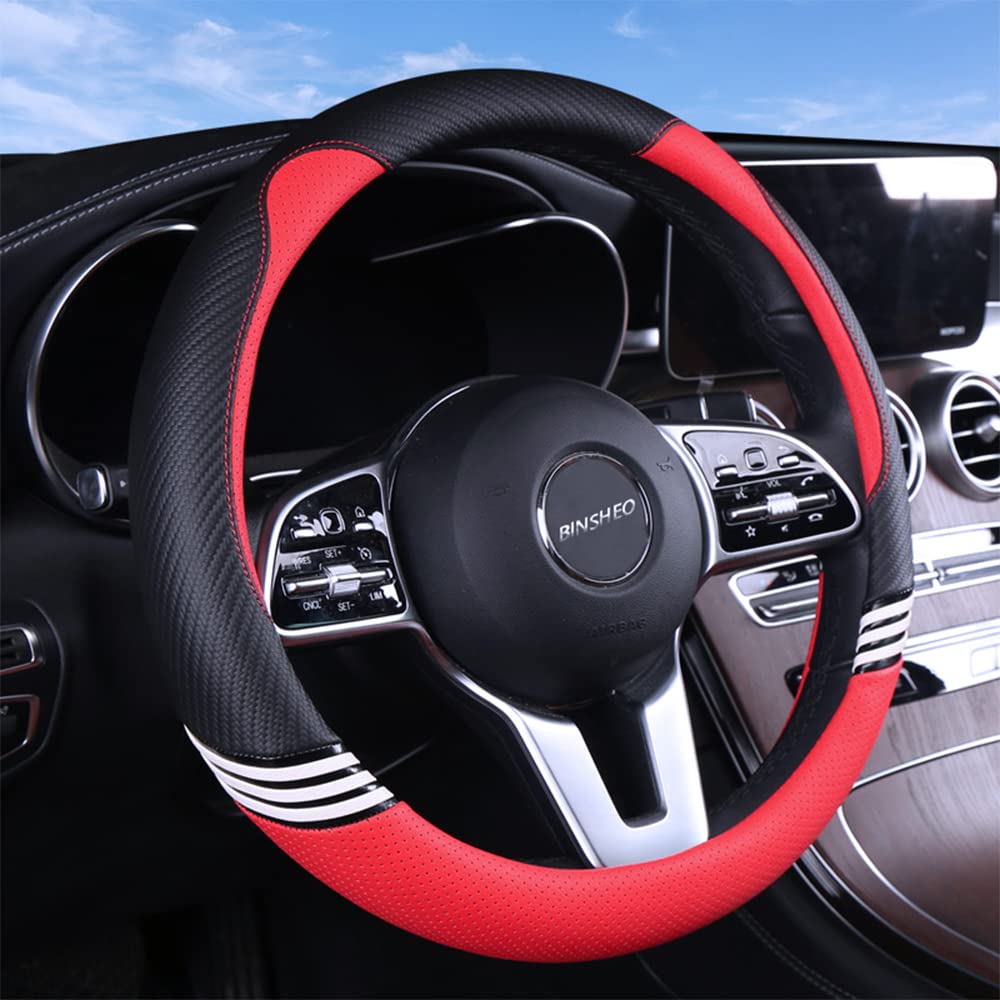 Binsheo Cute Steering Wheel Cover For Girls Women Leather Universal 15 Inch,Black And Red