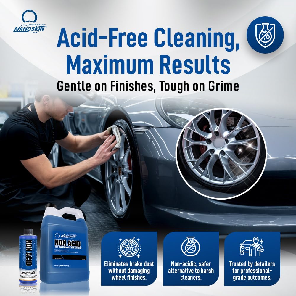 Nanoskin NON ACID Professional Wheel & Tire Cleaner 1 Gallon - Works with Wheel Brush & Tire Brush | Car Wash Wheel Cleaning Spr