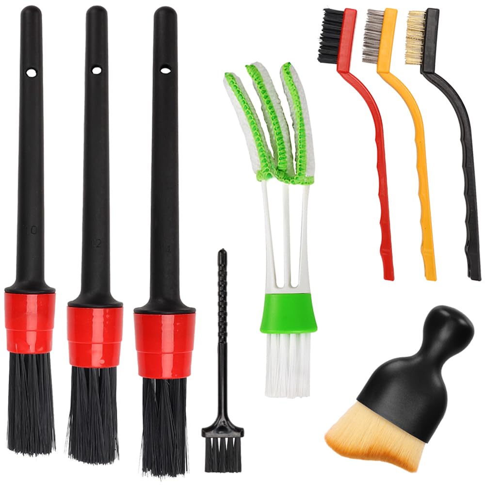 Auto Car Detailing Brush Set Car Interior Cleaning Kit Includes 3 Boar Hair Detail Brush,3 Wire Brush, 3 Air Vent Brush for Clea