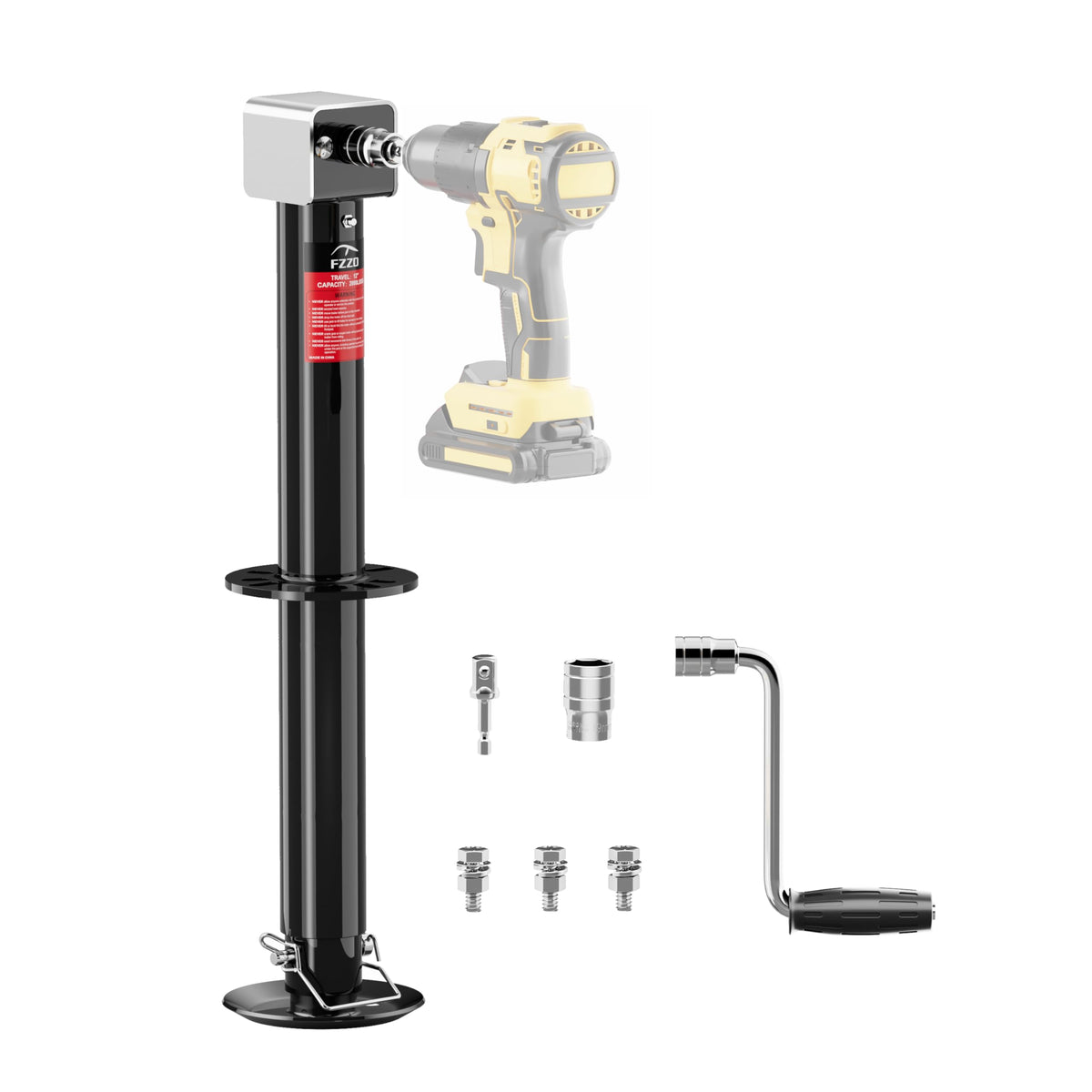 FZZD 5000 lbs A-Frame Trailer Jack, 23'' Vertical Travel, 20-24V Cordless Drill Compatible, Adjustable Drop Leg, for Utility, Ya
