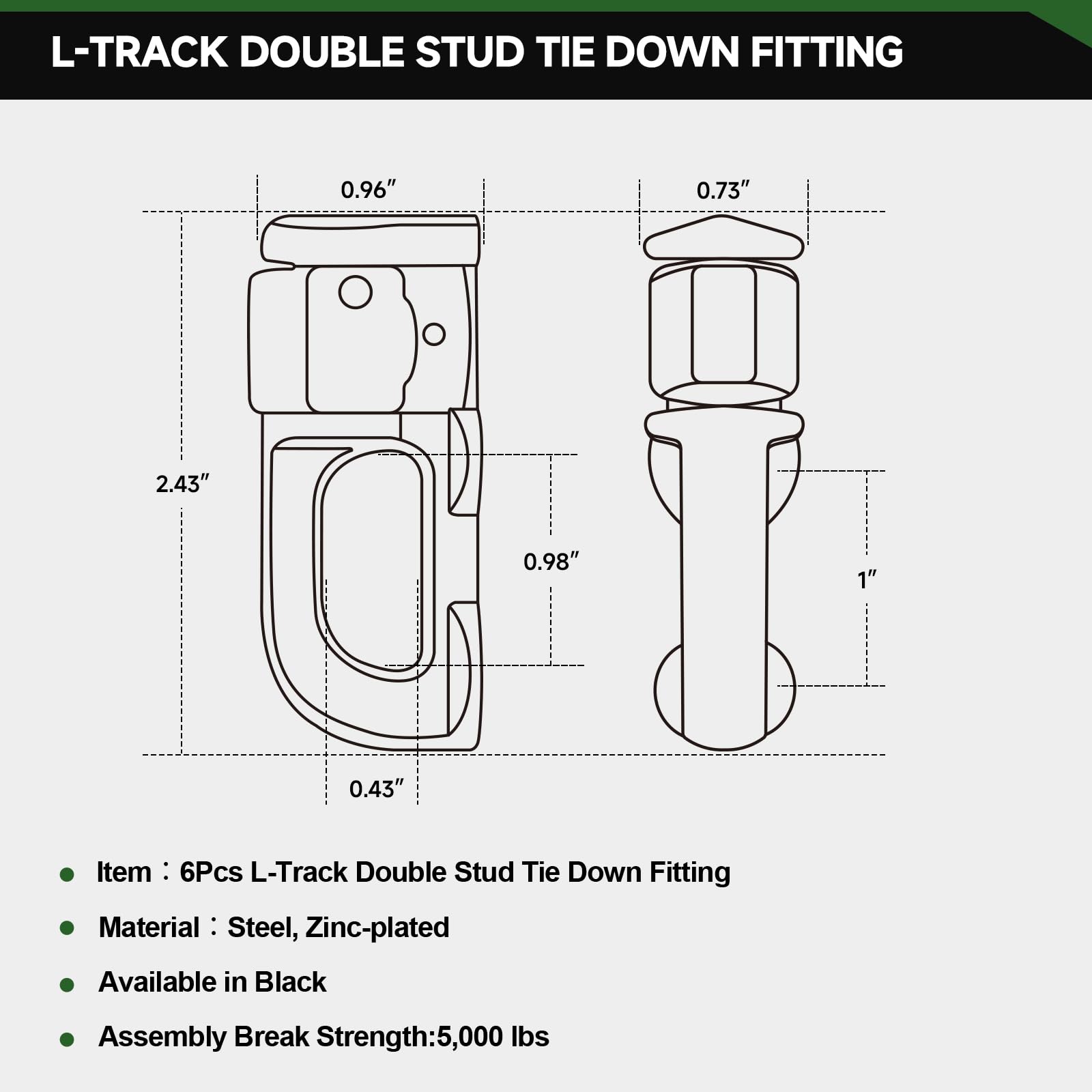 L-Track Double Stud Tie Down Fitting | Used With L Track Rail For Truck Bed,Trailer Cargo Control,Pickup,Rv,Atv,Bearing 5000Lbs Heavy Duty Steel (Pack Of 6 Black)