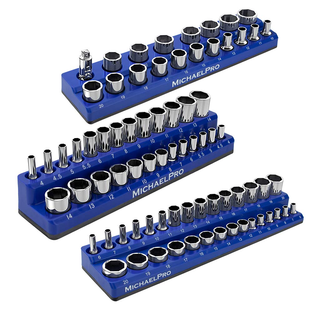 MichaelPro Magnetic Socket Organizer, Socket Tray, 3-Pc 1/4-inch, 3/8-Inch, & 1/2-Inch Magnetic Organizer Tray in Metric for Too