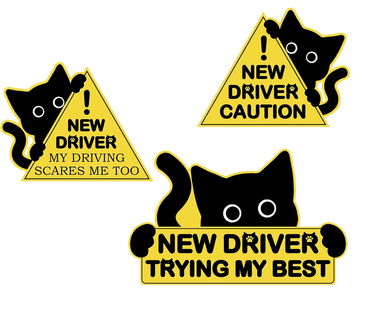 3Pcs Black Cat New Car Driving Magnets (Large Size), Funny New Driver Magnet, Reflective New Driver Sticker, Please Be Patient, 