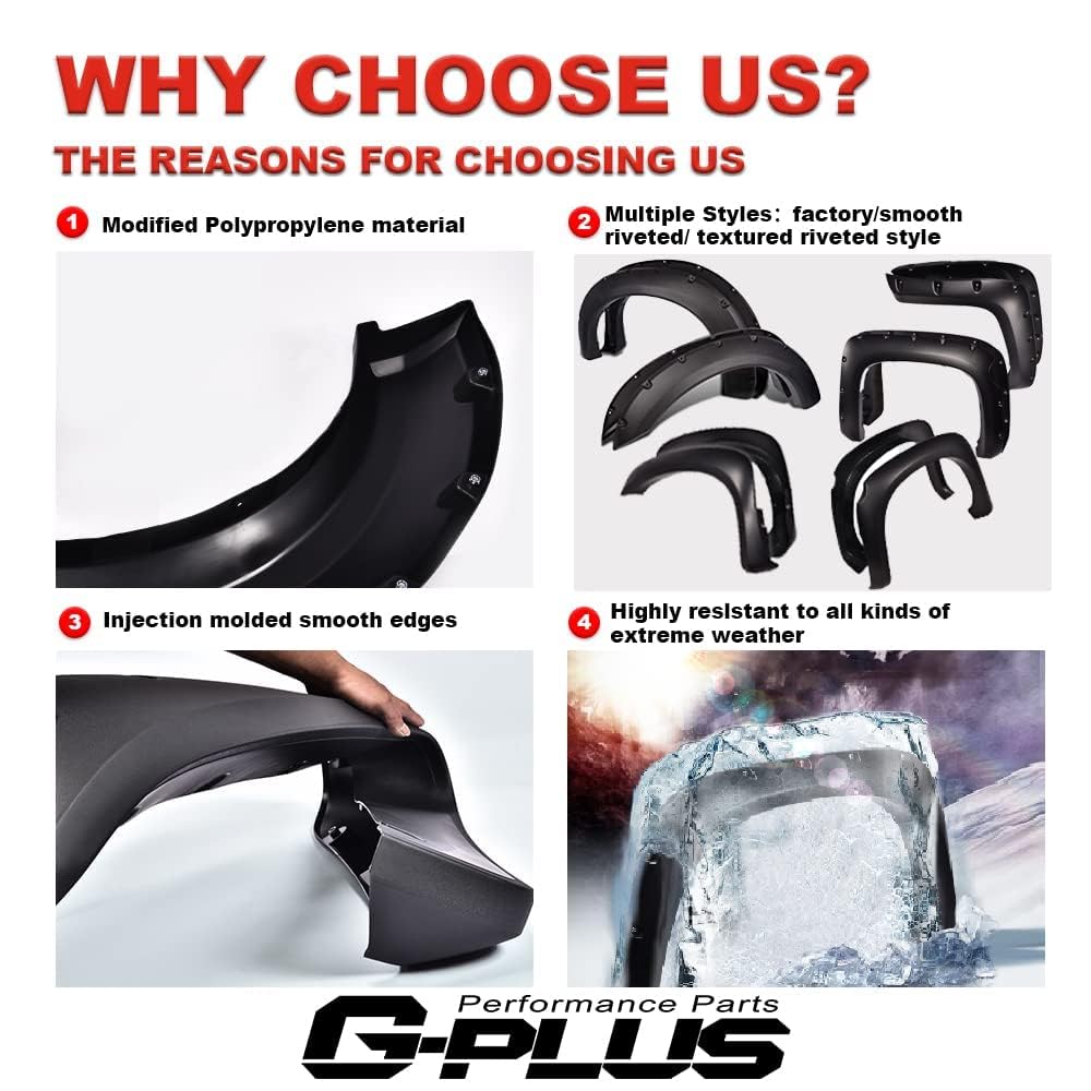 G-PLUS Pocket Rivet Fender Flares for Chevy Silverado 07-13/2500HD, Black Polypropylene, 78.0"/97.6" Long Bed, Regular/Extended Cab