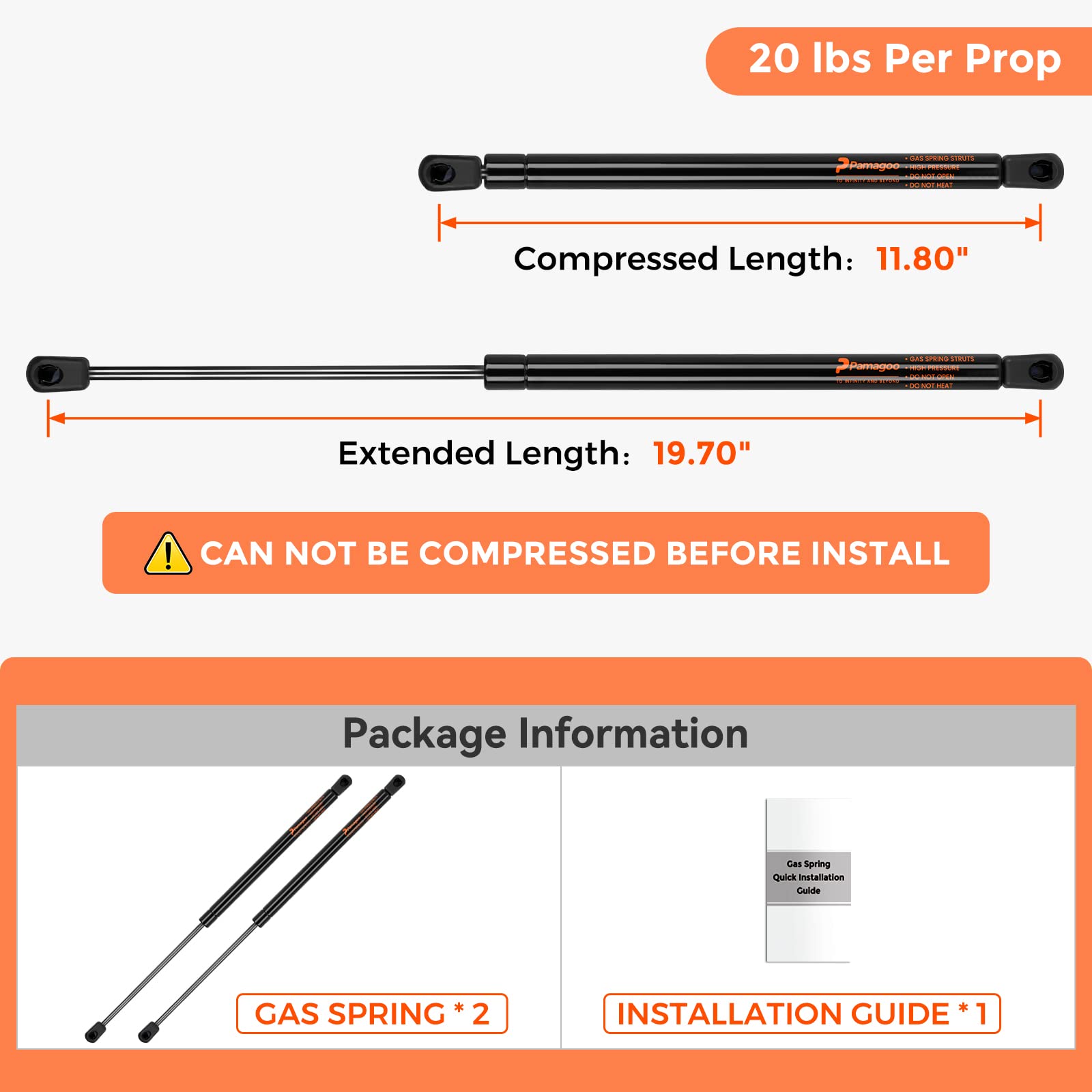 Pamagoo Replacement C16-08568 C1608568 20 Inch Gas Strut, Set Of 2, Support Force 20 Lbs Per Prop, For Rv Door, Camper Rear Window Lift Support, Cargo Door [No Ball Stud]