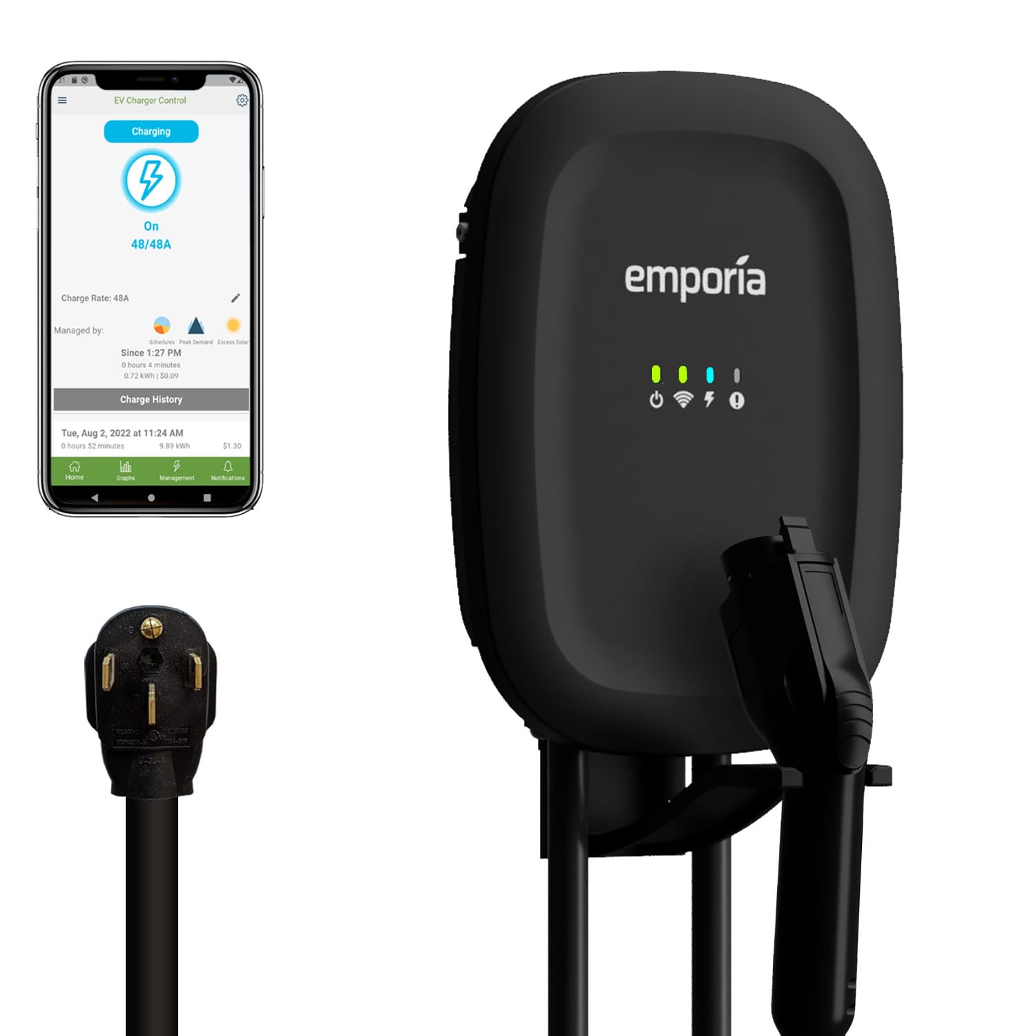 Emporia Level 2 Ev Charger - Nema 14-50 Evse W/ J1772 Charger - 48 Amp Ev Charger Level 2, 240V Wifi Enabled Electric Vehicle Charging Station, 24Ft Electric Car Charger Cable, Black