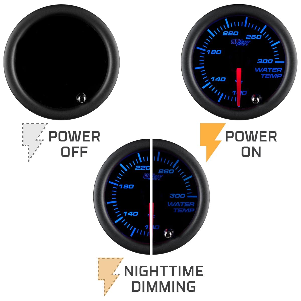 Glowshift Tinted 7 Color 300F Water Coolant Temperature Gauge Kit - Includes 1/8-27 Npt Electronic Sensor & Wiring - Multi-Color