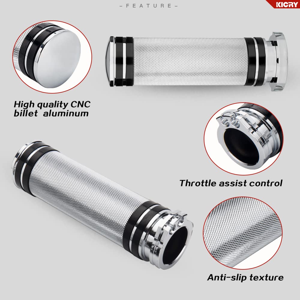 KICRY 1'' Motorcycle Hand Grips Black Chrome Handlebar Grips Compatible with Harley Touring Honda Yamaha Suzuki Kawasaki (Chrome