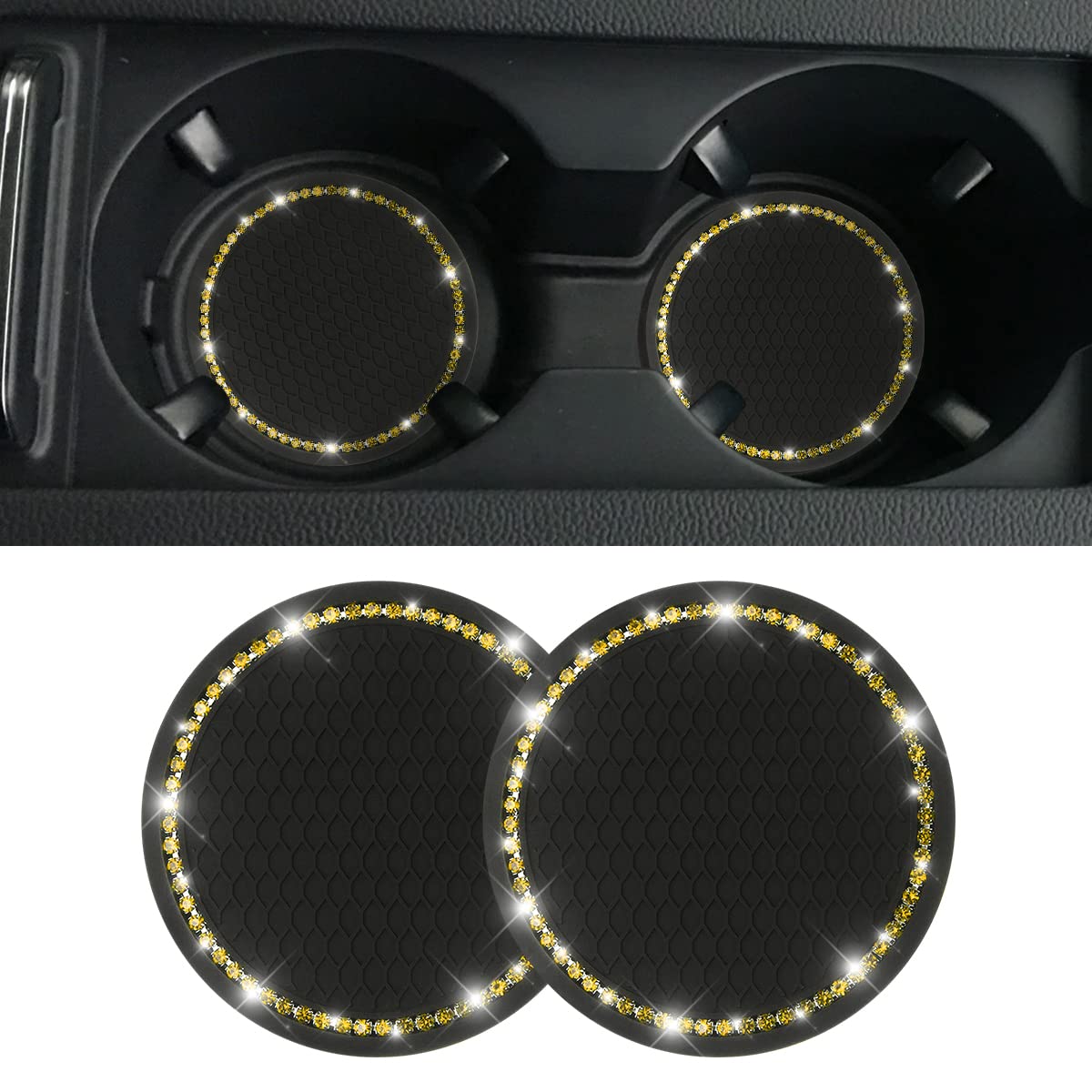 2 Pack Car Bling Cup Holder Coaster, 2.75 Inch Crystal Rhinestone Car Cup Holder Insert Coaster,Universal For Cars, Vehicles, Suvs, Car Interior Accessories For Women And Men (Black/Yellow)