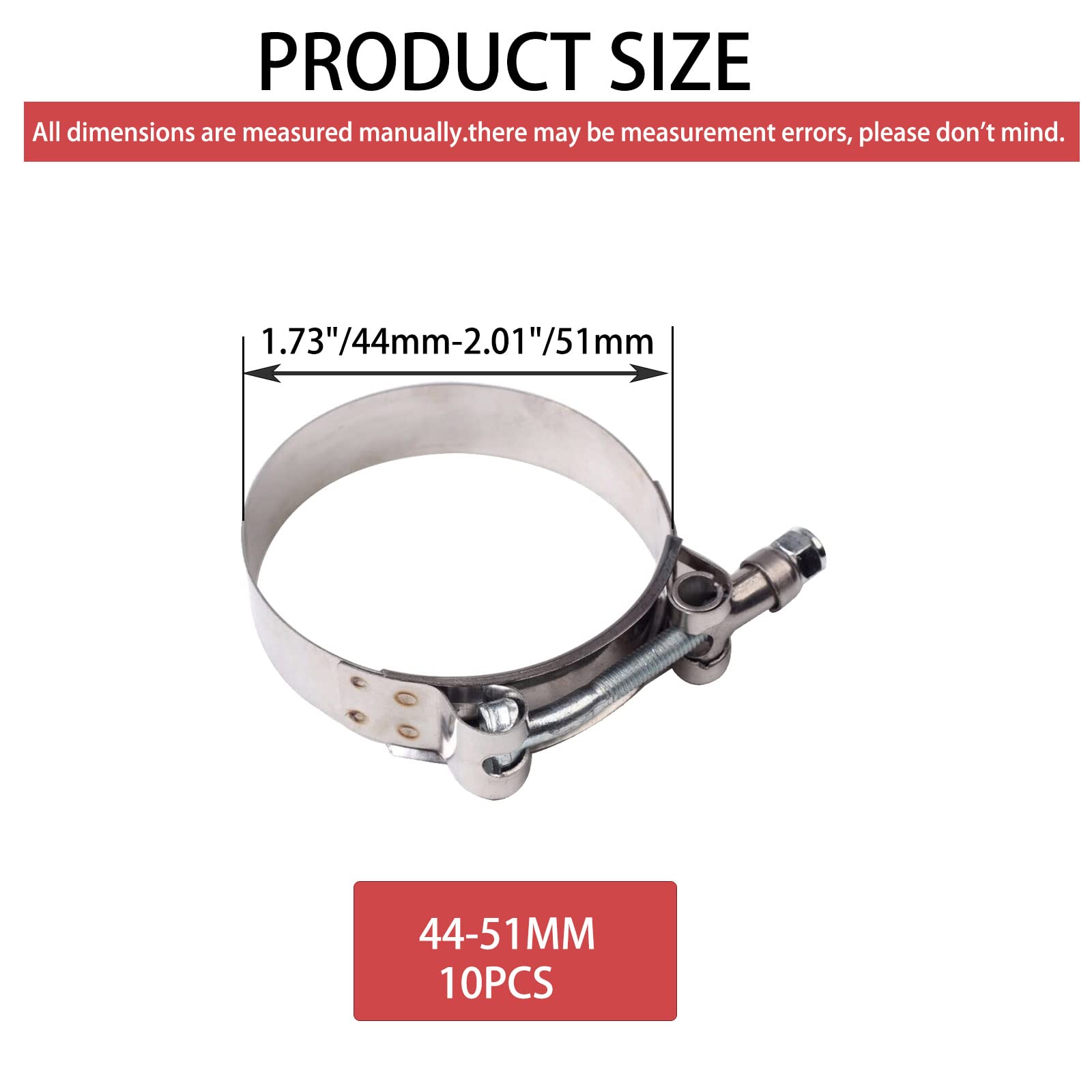 10Pcs 44Mm - 51Mm Stainless Steel T-Bolt Clamps Turbo Intake Intercooler Clamp For 1-1/2'' I.D. Hose