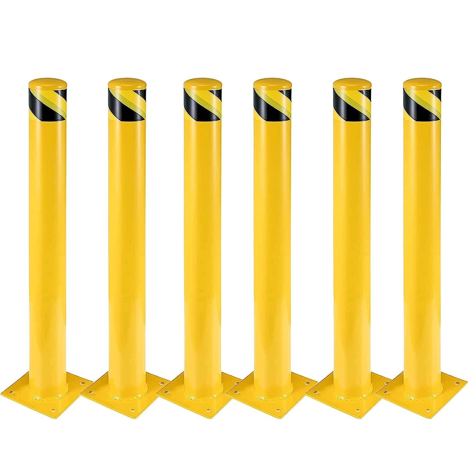 6-Pack 42 Inch Steel Safety Bollards, 4.5 Inch Diameter Parking Bollard Post with 24 Anchor Bolts, Yellow Safety Steel Bollard P