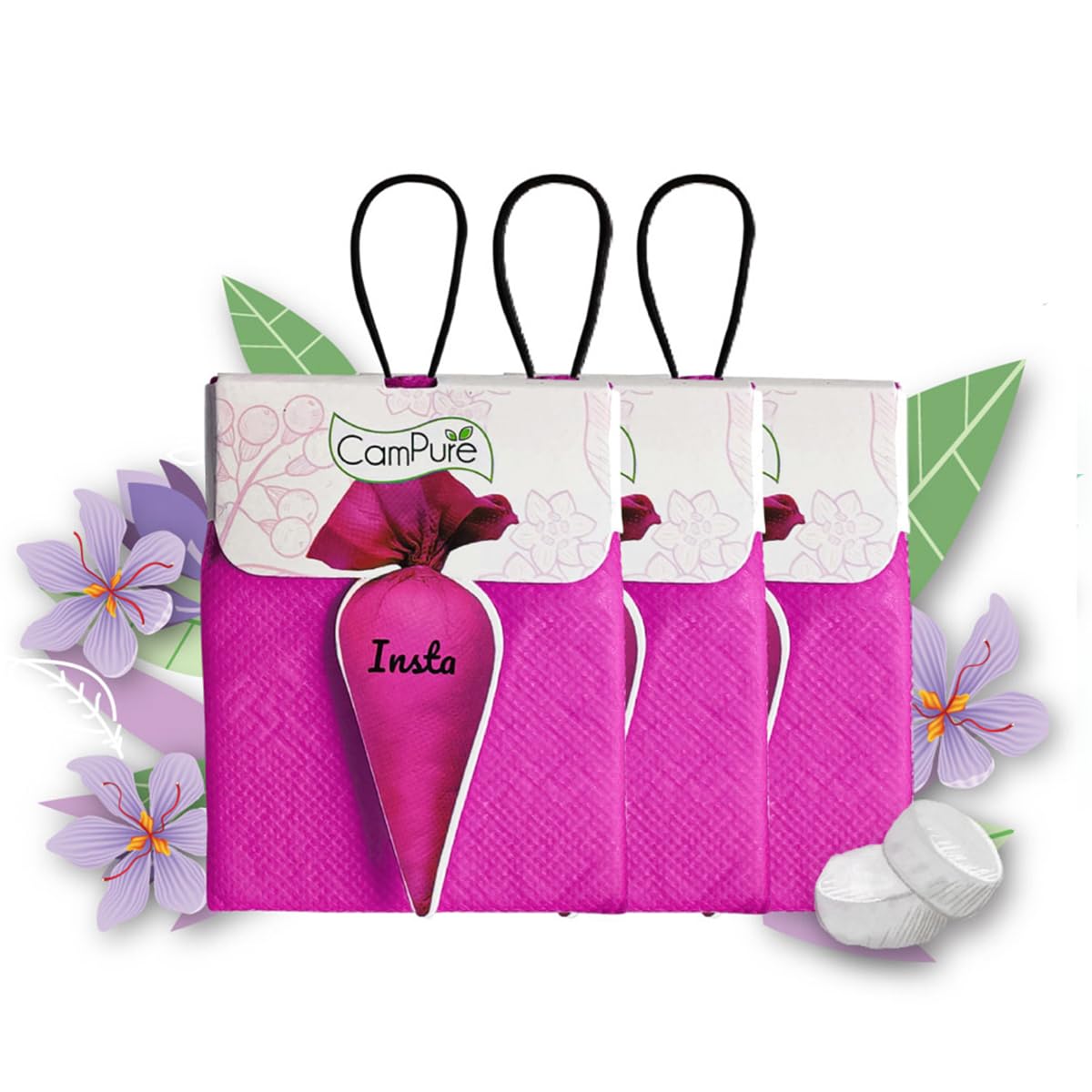 Campure Camphor Insta Pouch (Lavender) Pack Of 3-100% Organic | Air Freshener For Car, Wardrobe, Office CabinS, Drawers, Travel