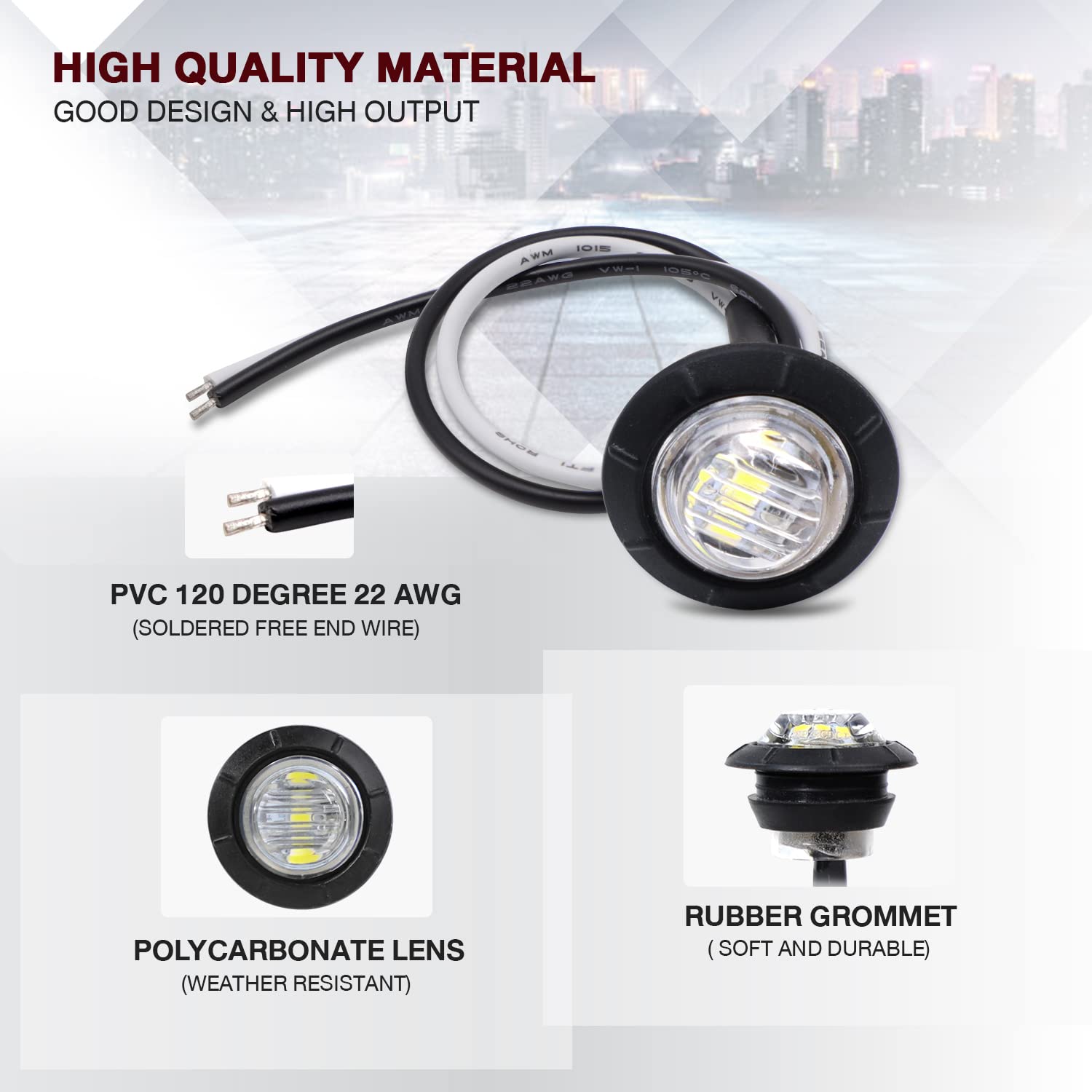 Tmh 50 Pcs 3/4 Inch White Light 3 Led Clearance Markers Side Marker Indicator Lights Mini Round Front Rear 3 Led With Rubber For