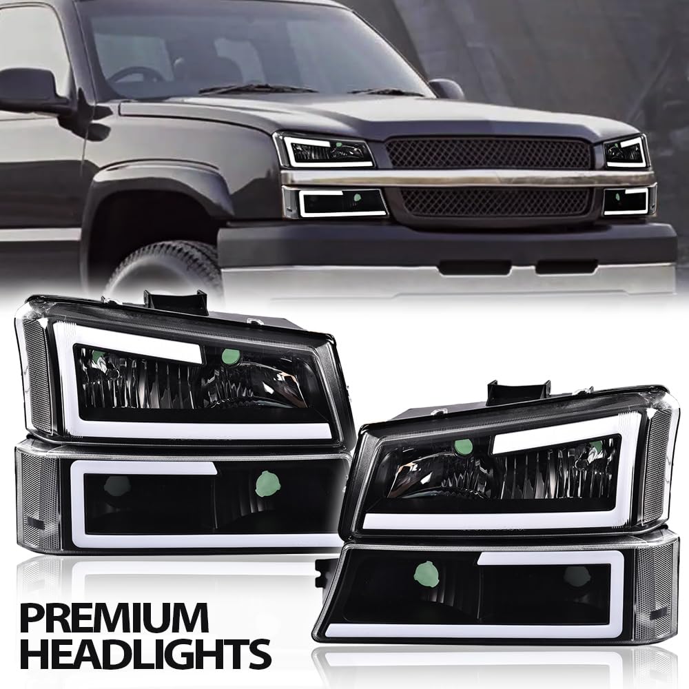 Allgood Led Drl Headlights Compatible With 2003-2006 Chevy Silverado Avalanche 1500 2500 3500 Hd, Fit Models Without Factory Cladding, Smoky Lens Chrome Housing Amber Reflector