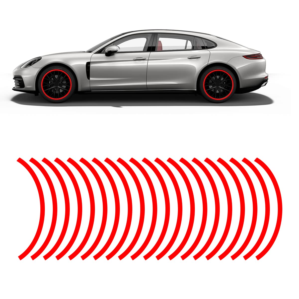 16Pcs 17''-19'' Reflective Wheel Rim Stripe Decal, Car Wheel Rim Tapes Decoration Stickers, Waterproof Night Safety Decals Automotive Accessories Universal For Motorcycle, Car, Bicycle (Red)