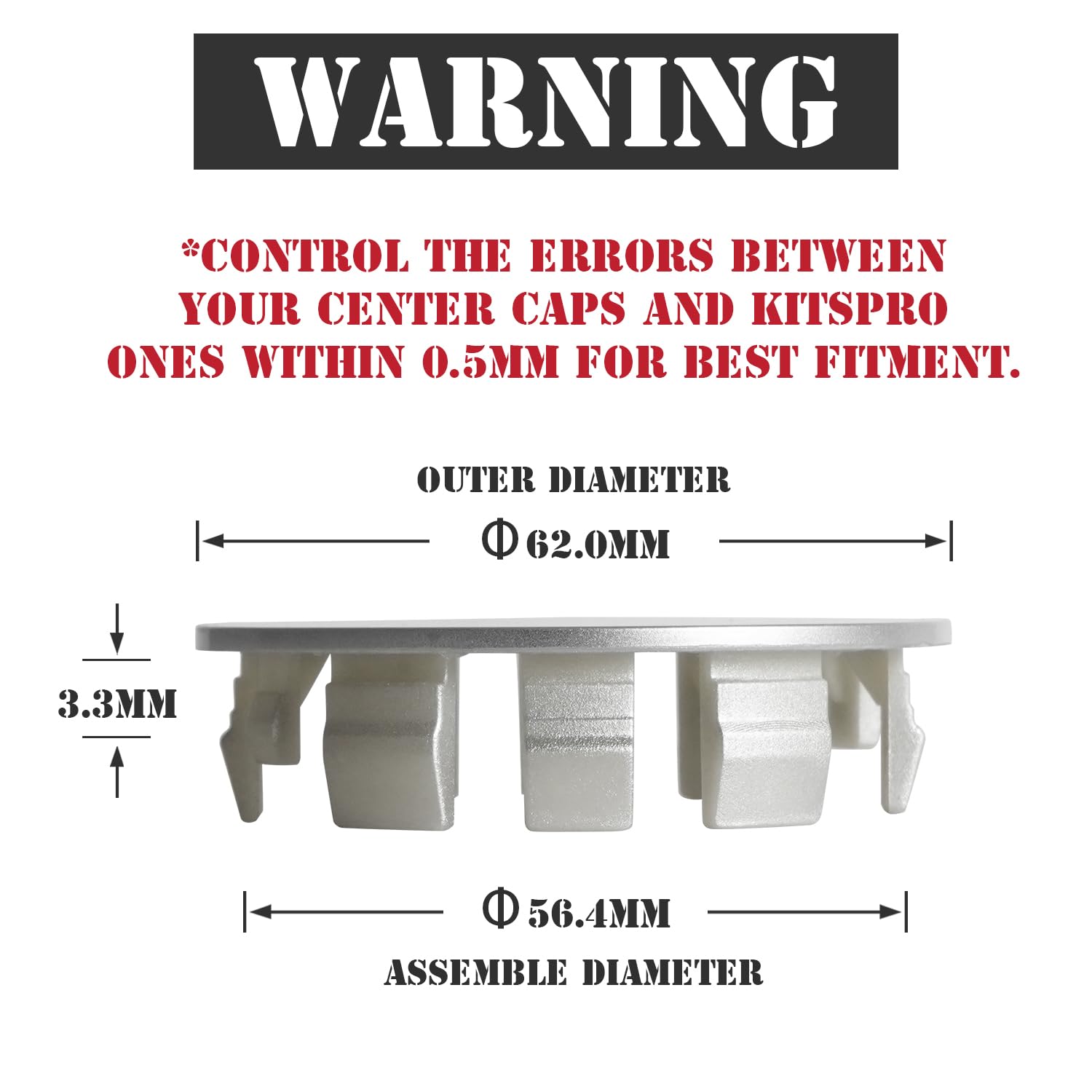 Kitspro 2.4Inch 62Mm Wheel Center Caps, Pack Of 4 (Silver, Outer 62Mm, Inner 56Mm)