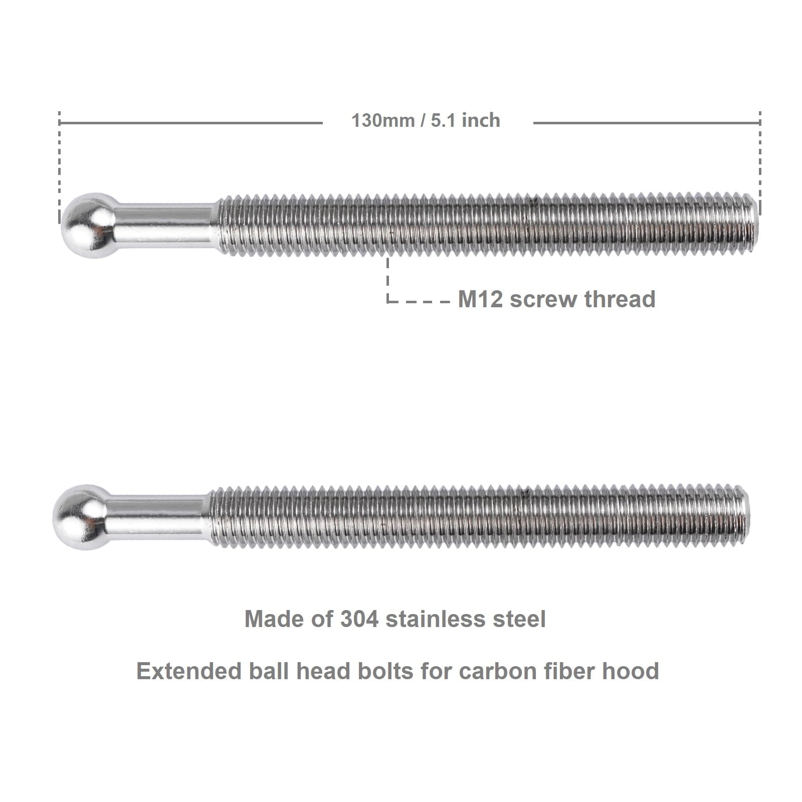 RVCAZON STETION Extension Ball Head Bolt Kit M12 Thread 130mm / 5.11 inch Length Suitable for Carbon Fiber Hood Modification