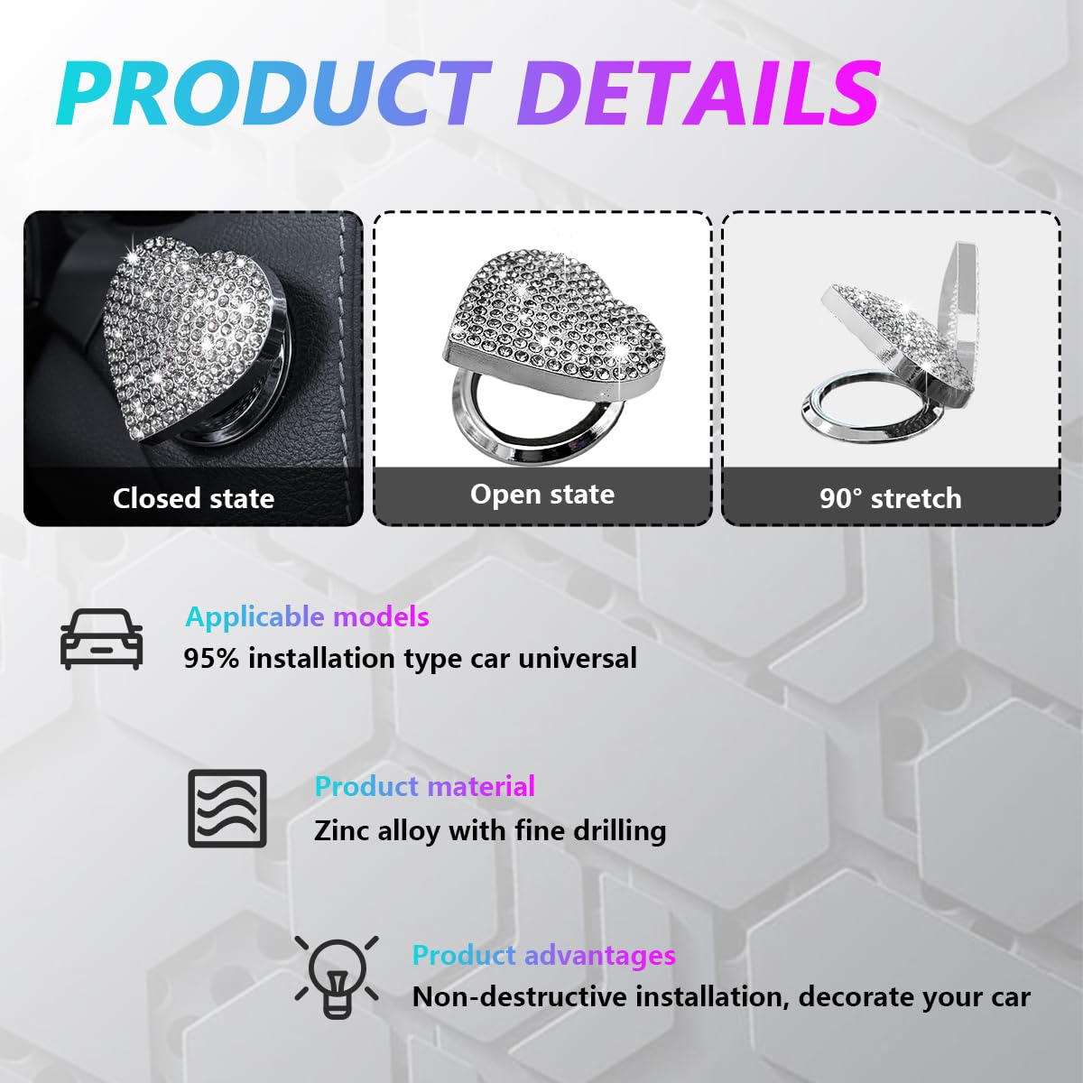 Sylvil Bling Car Engine Start Button Cover, Heart Shape Diamond Push Start Button Sticker, Sparkly Rhinestone Ignition Button De